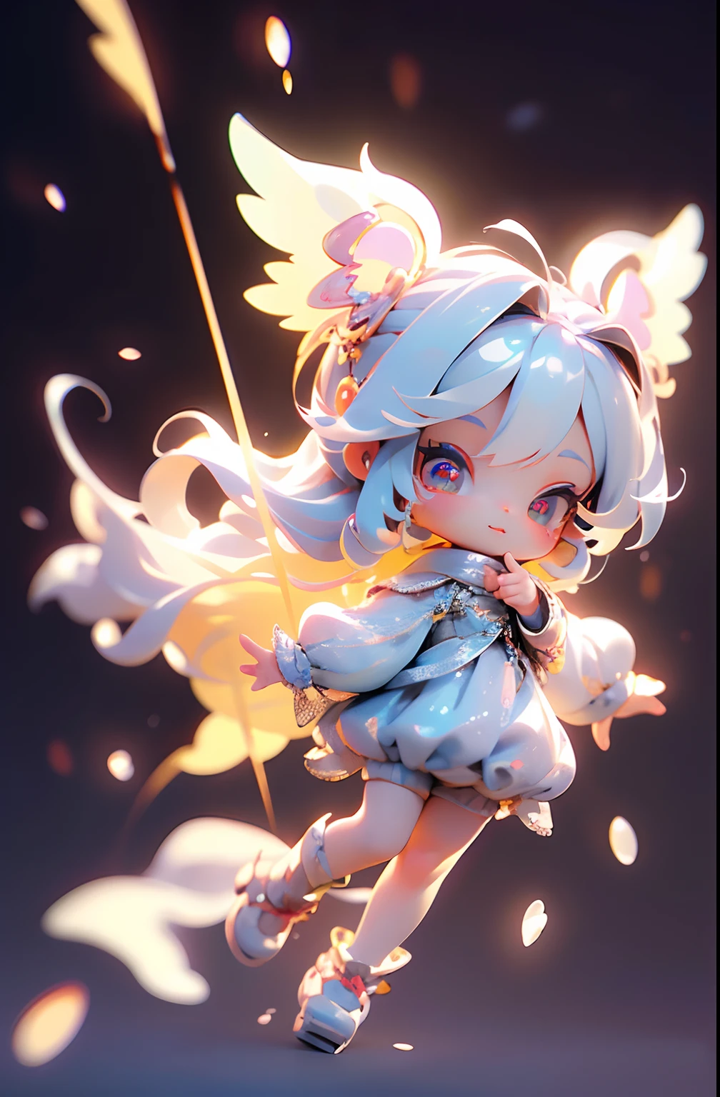 (Masterpiece: 1.4), (Best Quality: 1.4), (chibi: 1.3), (Very cute angel girl, highly detailed face, Jewel-like Eyes, White Very Long Hair, Colorful gradient hair: 1.4), (angel ring:
1.4), (angel wings: 1.4), (s whole body, Perfect 2 arms, Perfect 2 legs: 1.4), Perfect 4 fingers: 1 thumb, light, Shine, Bokeh, super fine