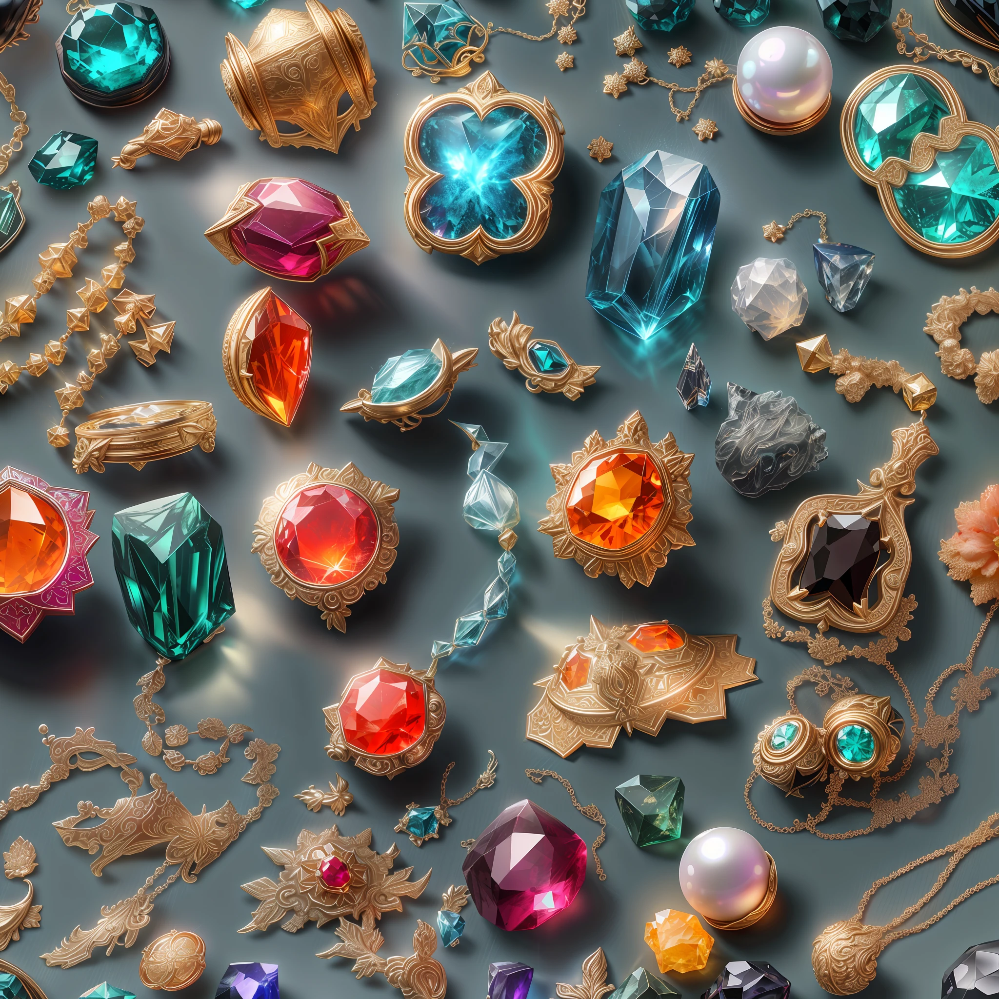 (food style: 1.2), (Full Focus: 2), (Everything in Display Cabinet: 1.3), (Magic Items | Colorful Gems | Cherry Blossoms | Printed Silk Products | Medals | Ores | Obsidian | Pearl | Emerald | White Jade | Amethyst | Sapphire | Gold Products | Silver Products | Purple Gold | Magical Jewelry | Antiques | Ruby | Orange Gem | Blue Gem | Topaz |: 2), Magic Symbols, Magic Particle Effects, High Tech Luxury, High Value Jewelry, High Value Metal, Luxury items, no puzzles, detailed and complex backgrounds, sparkling, reflective light, ultra high definition, award-winning, a high-resolution, high detail texture, contrast between light and dark, cinematic lighting, masterpieces, ray tracing, structurally correct, super details, high-quality, high detail, best quality, 16k