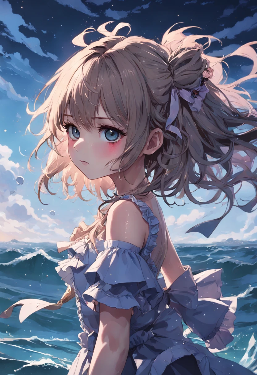 ((masterpiece)), (((best quality))), ((ultra-detailed)), ((illustration)), ((disheveled hair)), ((frills)), (1 girl), (solo), dynamic angle, big top sleeves, floating, beautiful detailed sky, on beautiful detailed water, beautiful detailed eyes, overexposure, (fist), expressionless, side blunt bangs, hairs between eyes, ribbons, bowties, buttons, bare shoulders, (((small breast))), detailed wet clothes, blank stare, pleated skirt, flowers