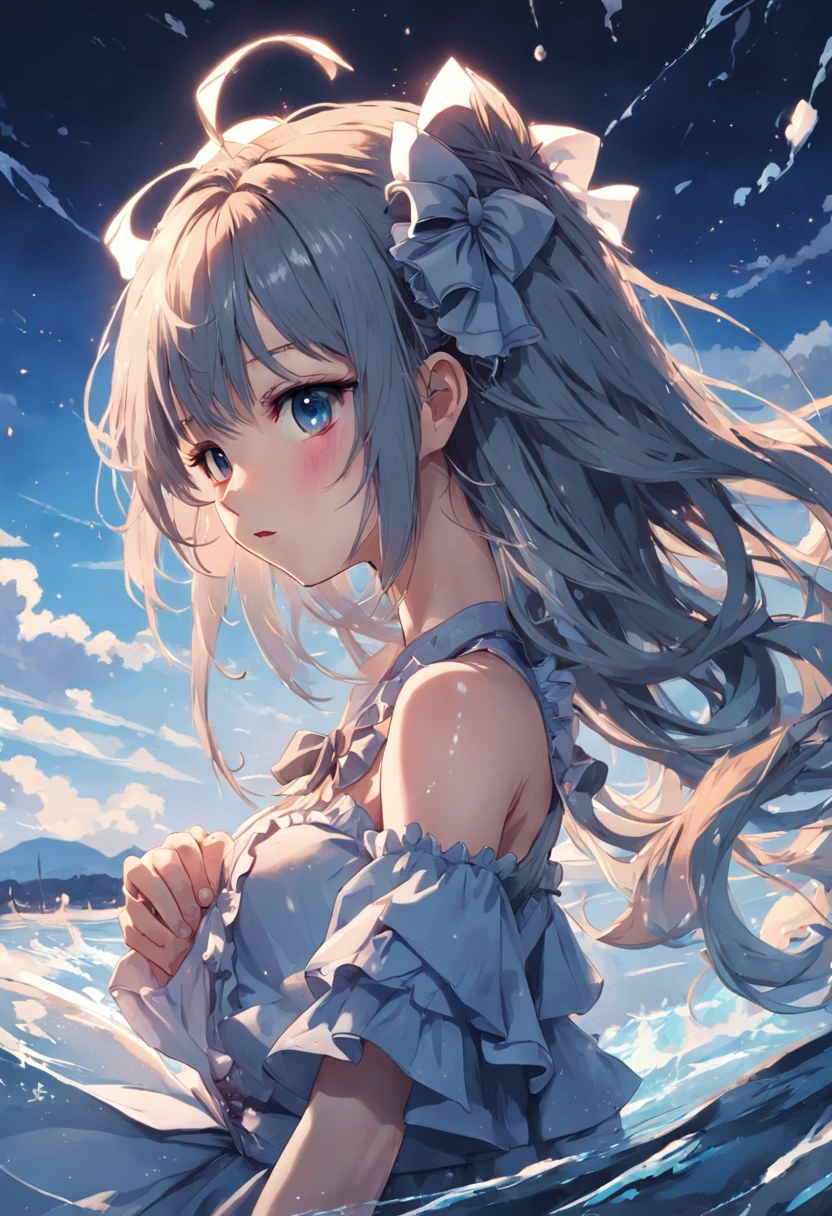 ((masterpiece)), (((best quality))), ((ultra-detailed)), ((illustration)), ((disheveled hair)), ((frills)), (1 girl), (solo), dynamic angle, big top sleeves, floating, beautiful detailed sky, on beautiful detailed water, beautiful detailed eyes, overexposure, (fist), expressionless, side blunt bangs, hairs between eyes, ribbons, bowties, buttons, bare shoulders, (((small breast))), detailed wet clothes, blank stare, pleated skirt, flowers