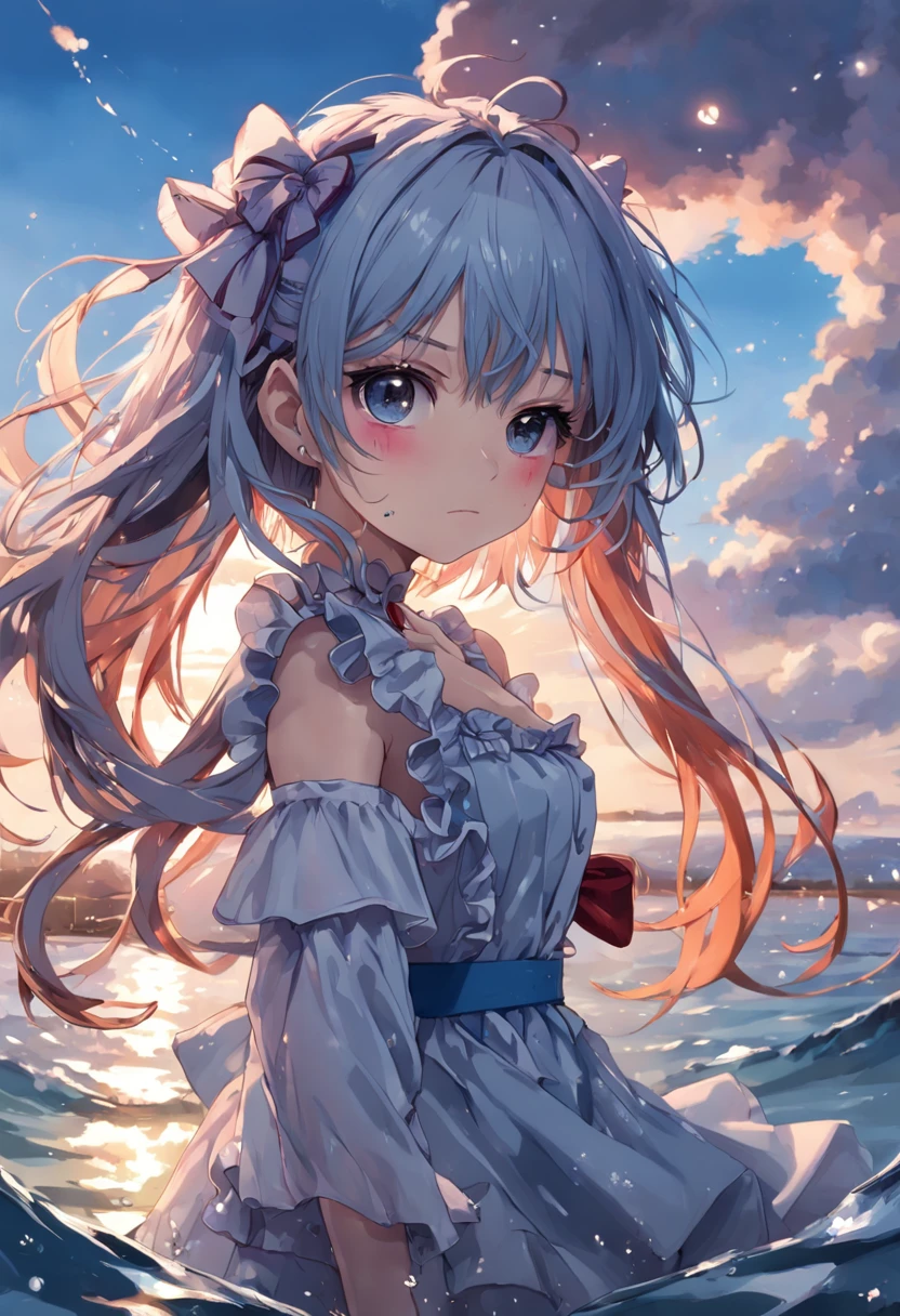 ((masterpiece)), (((best quality))), ((ultra-detailed)), ((illustration)), ((disheveled hair)), ((frills)), (1 girl), (solo), dynamic angle, big top sleeves, floating, beautiful detailed sky, on beautiful detailed water, beautiful detailed eyes, overexposure, (fist), expressionless, side blunt bangs, hairs between eyes, ribbons, bowties, buttons, bare shoulders, (((small breast))), detailed wet clothes, blank stare, pleated skirt, flowers