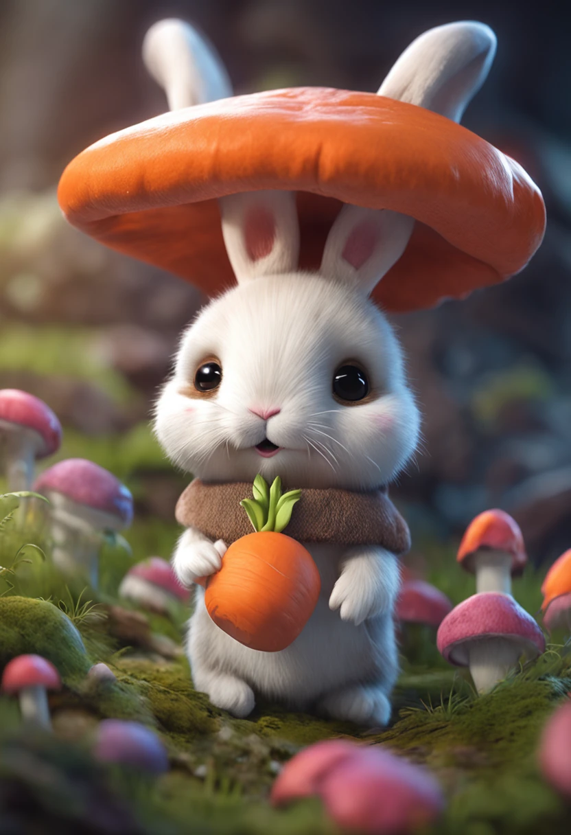 cute creature that resembles a bunny mixed with a carrot, adorable, cute, furry, fluffy, forest, mushrooms, wearing a mushroom hat, kawaii