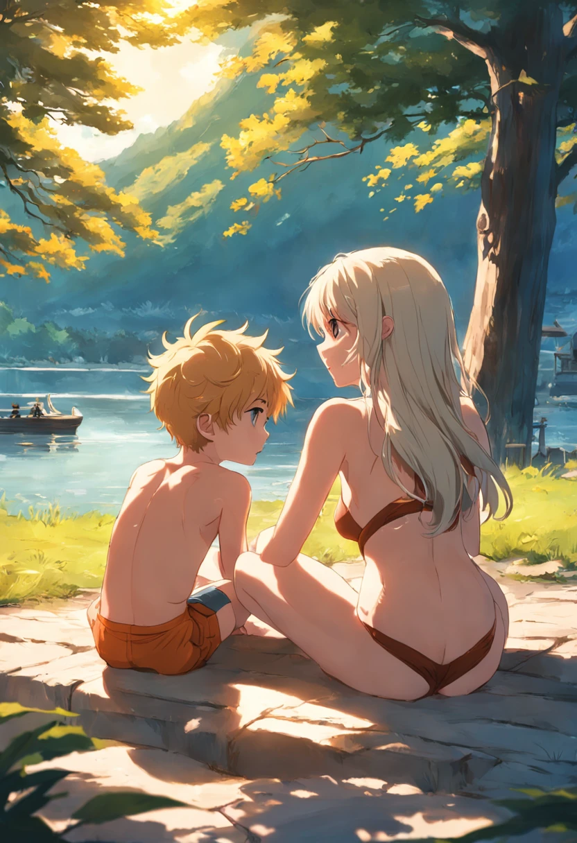(mother and son:1.2),(sunbathing:1.1),(near lake:1.1)