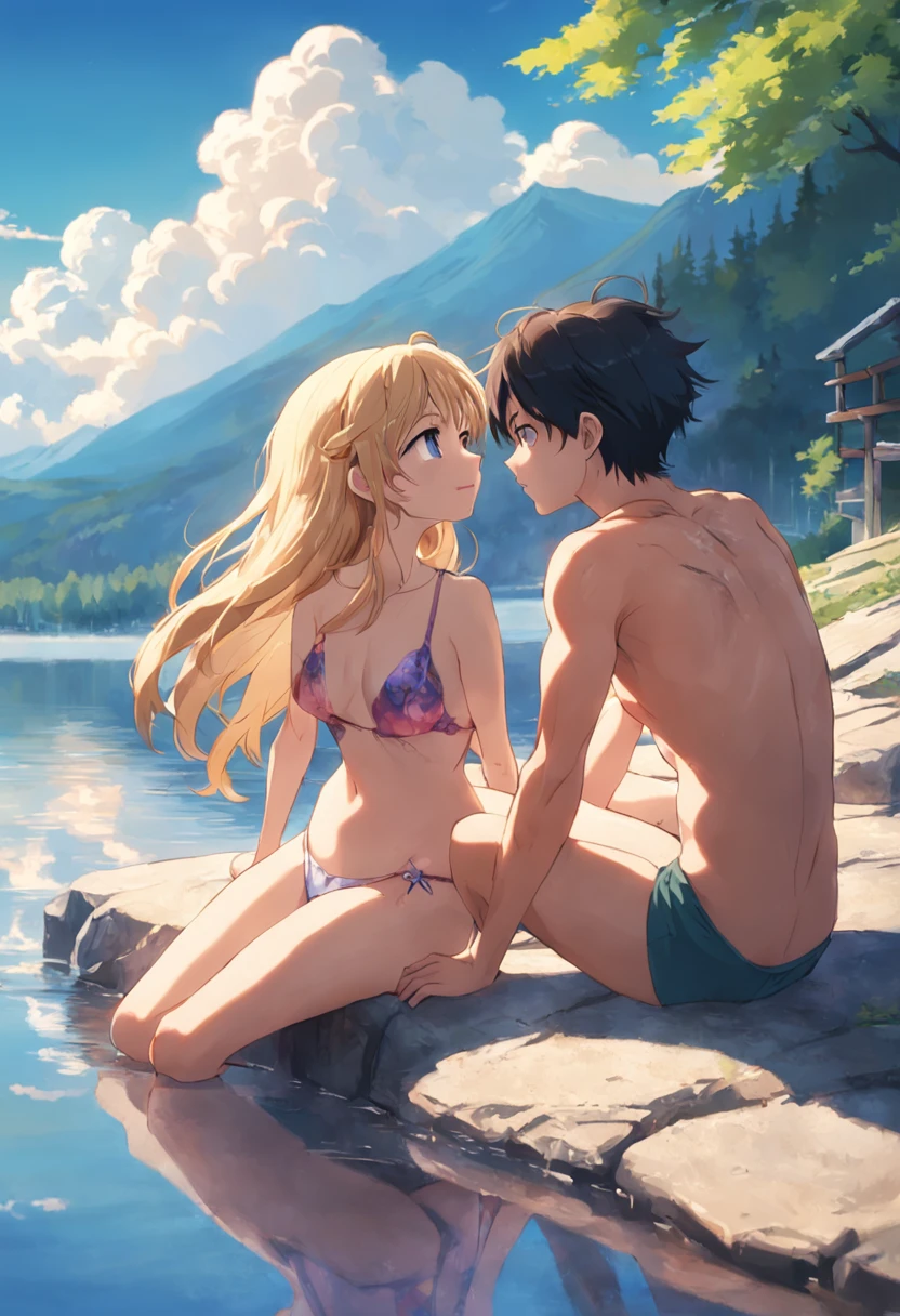 (mother and son:1.2),(sunbathing:1.1),(near lake:1.1)