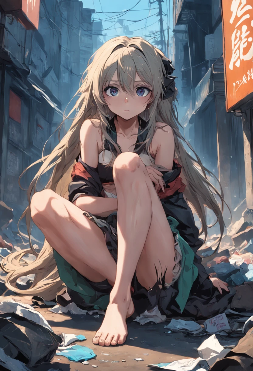 In the trash heap sits a long-haired beauty in a sexy hip-wrapped skirt,The face is covered with filthy garbage,The skirt is tattered,Has a pitiful gaze,There were five stout homeless men drooling around him。