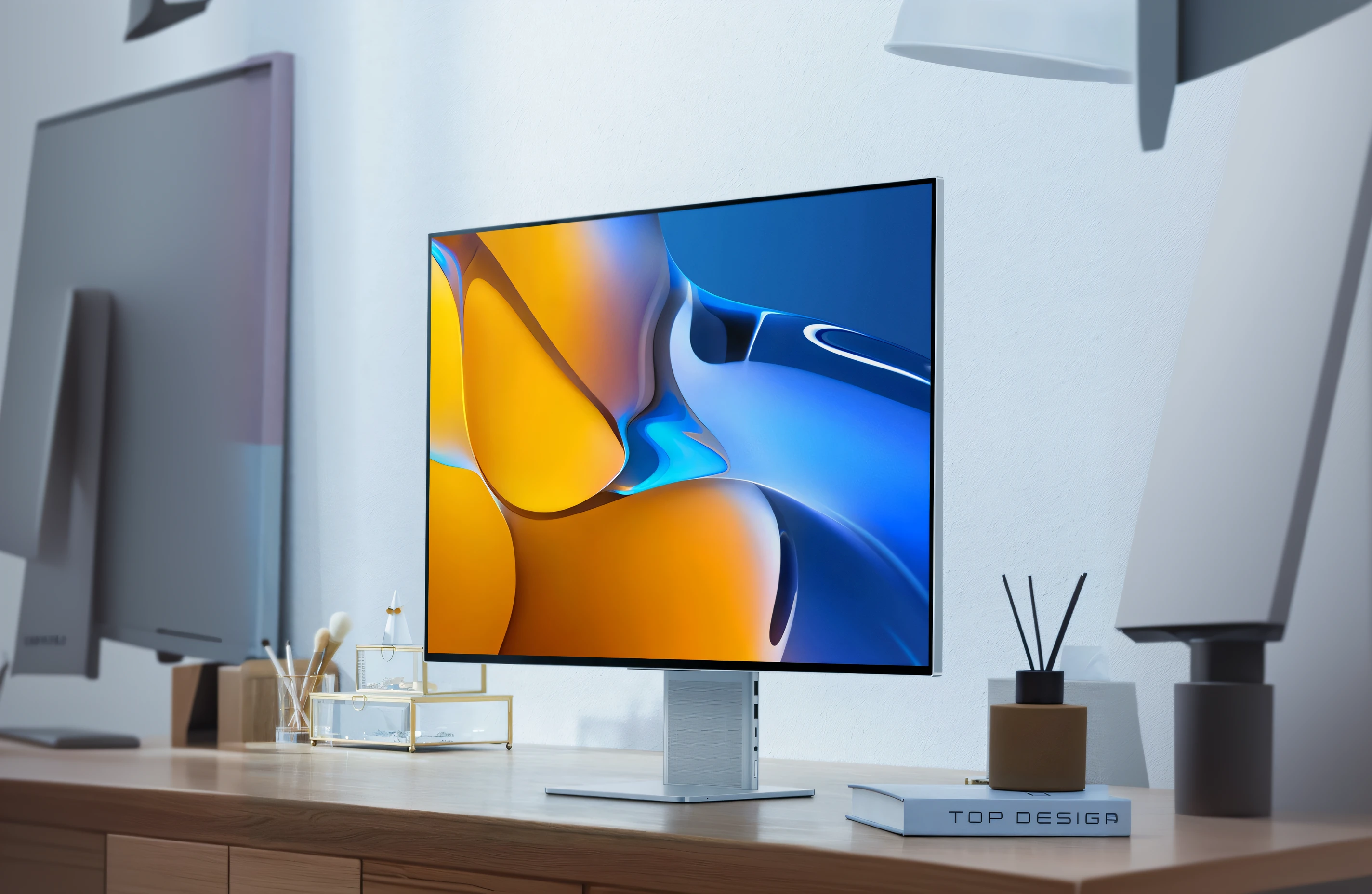 There is a computer monitor on the desk,There is a book inside, 4 k product photo, 8k computer render, 8k octae render photo, Qin Qin, highly detailed 8 k, Highly detailed 8K, 8K high quality and resolution, highly detailed 8k resolution, Sam, 35mm 8k product photo, colorful digital screens) XF IQ4