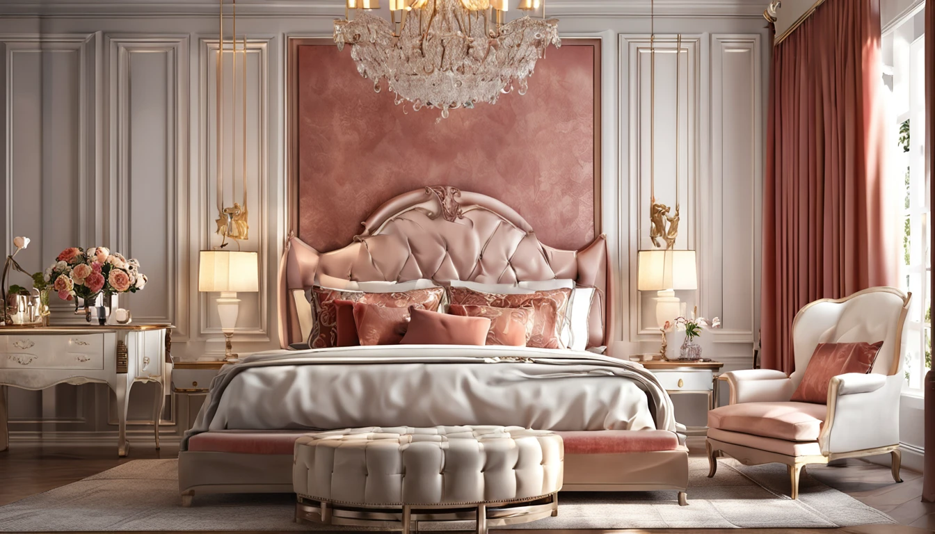 (professional 3d rendering:1.5), world's best artwork, ((full interior for luxury royal bedroom, light red tones)), unified rendering best 8k, very good light, extremely detailed, brilliant, photo-realistic, Realistic, Sharp focus, 8K , (Very detailed: 1.1), Sharp focus, (Studio Light Lighting), art station