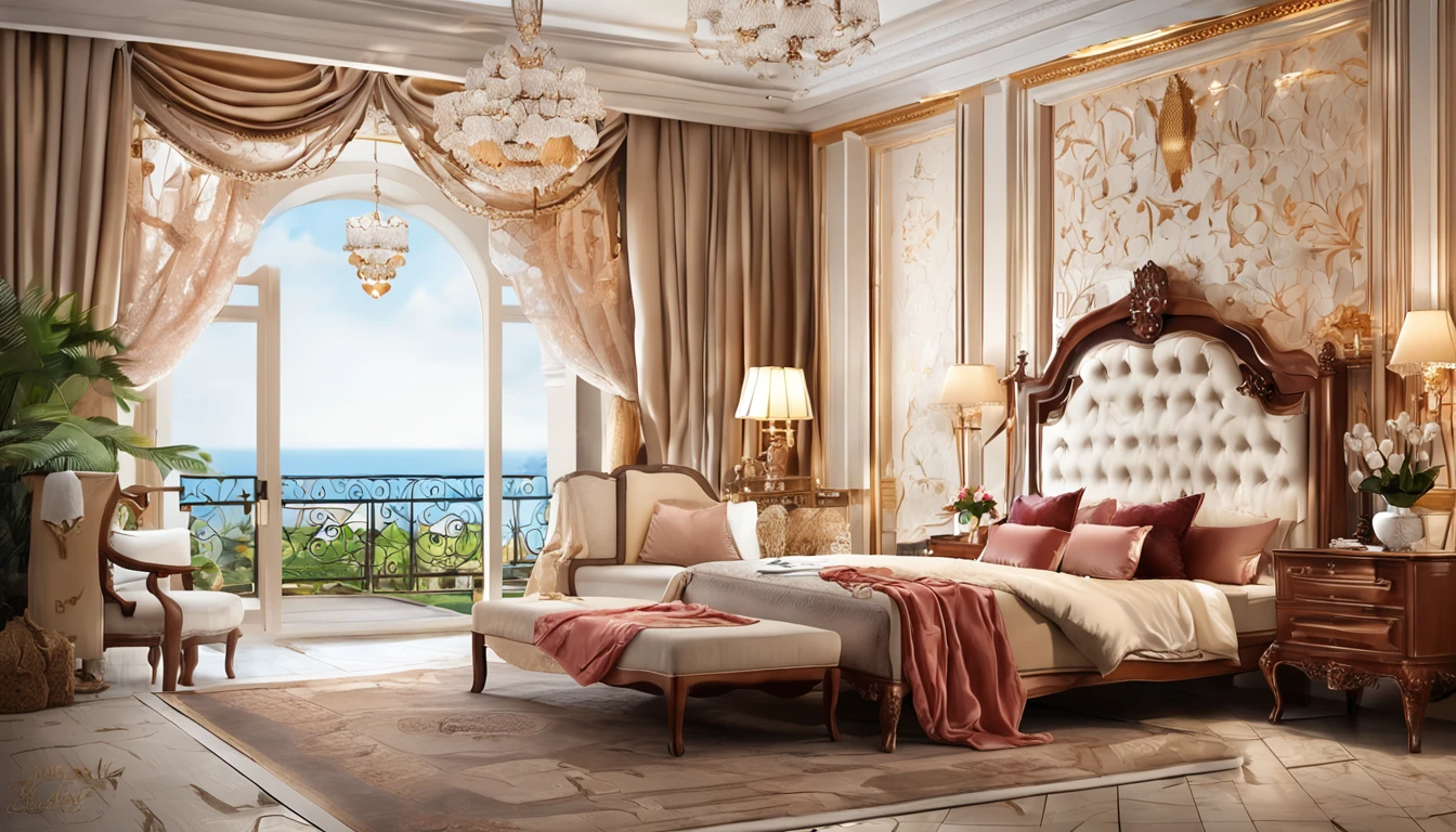 (professional 3d rendering:1.5), world's best artwork, ((full interior for luxury royal bedroom, light red tones)), unified rendering best 8k, very good light, extremely detailed, brilliant, photo-realistic, Realistic, Sharp focus, 8K , (Very detailed: 1.1), Sharp focus, (Studio Light Lighting), art station