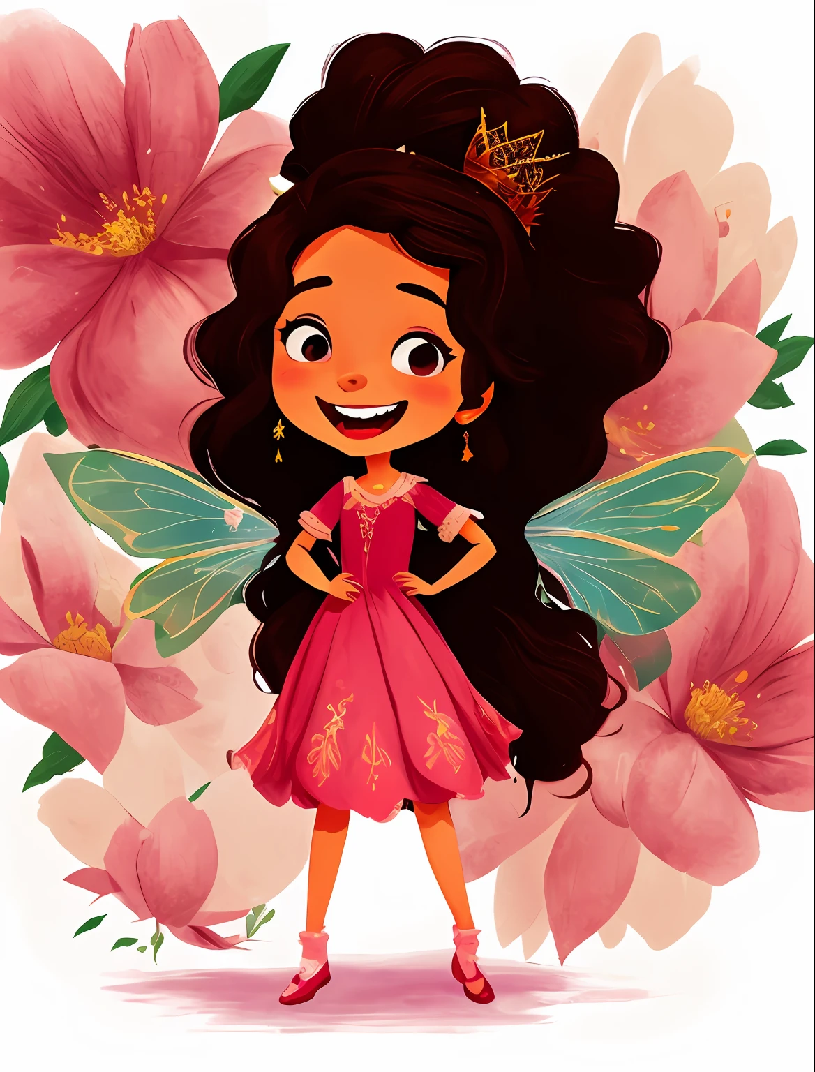 Fada dos desenhos animados cartoon com cabelo castanho longo e vestido rosa com branco, Andando corpo inteiro, full-body drawing showing feet, usando sapatilha rosa delicada, multiples poses and expressions, com pequeno, Symmetrical fairy wings, fada bonita, sorrindo como uma rainha de fadas, menina fada morena, Retrato da princesa da fada, Retrato de uma fada, princesa fada, bela arte digital, Retrato da fada, space flower fairy, painting digital adorable, arte digital detalhada bonito fundo branco simples, fada bonita, Driving style: Marie Angel estilo desenho animado aquarelado, arte estilo aquarela 2D com fundo branco simples