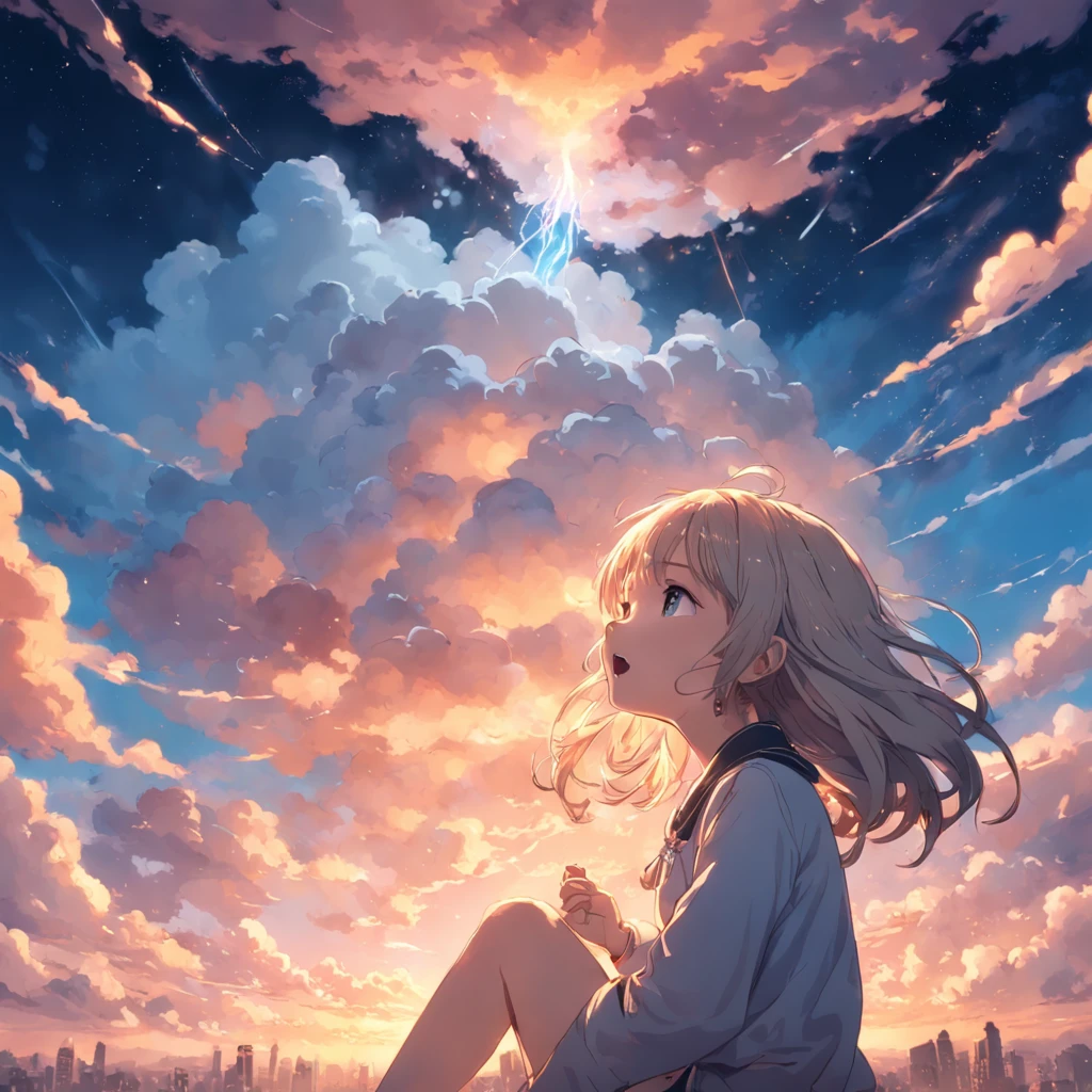 masterpiece, best quality, movie still, 1girl, cloud girl, floating in the sky, close-up, bright, happy, warm soft lighting, sunset, (sparks:0.7)