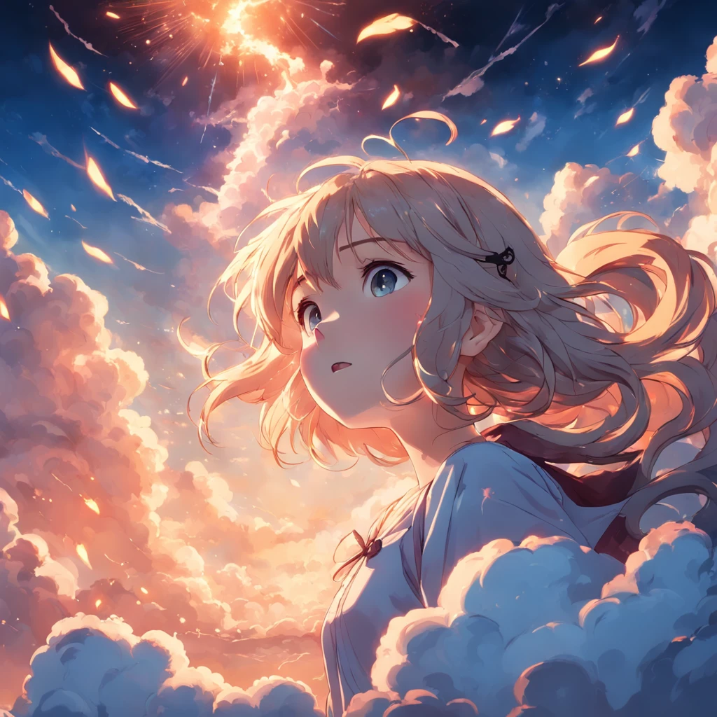 masterpiece, best quality, movie still, 1girl, cloud girl, floating in the sky, close-up, bright, happy, warm soft lighting, sunset, (sparks:0.7)