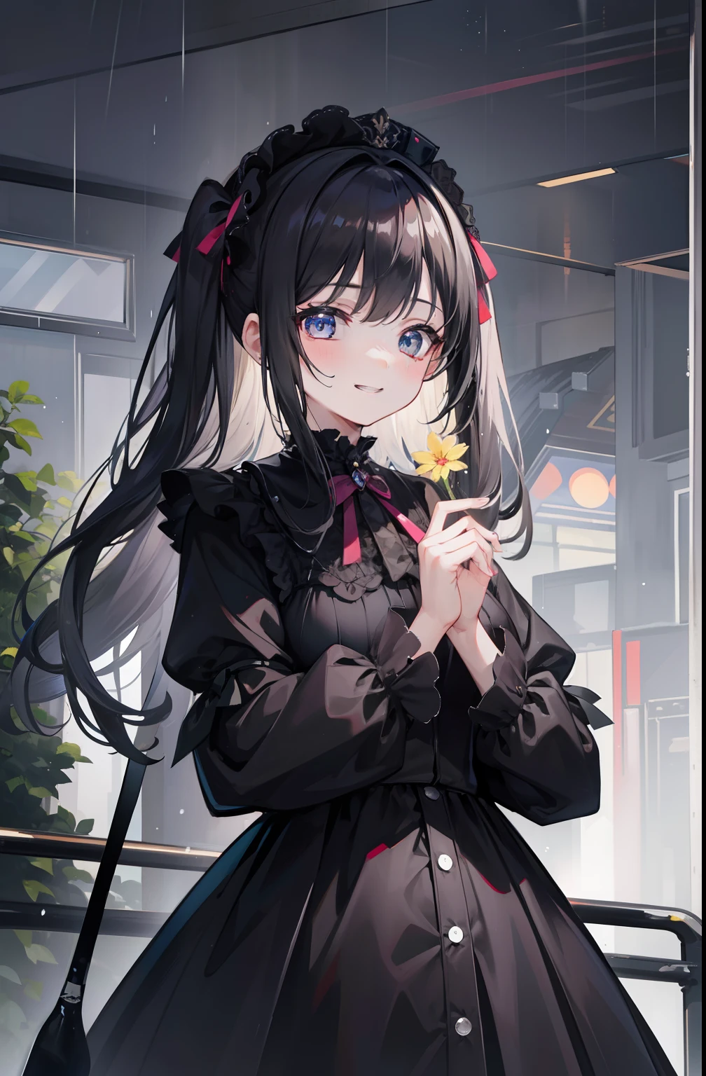 1 girl in black Lolita,the night,城市,downpours,grinning smile