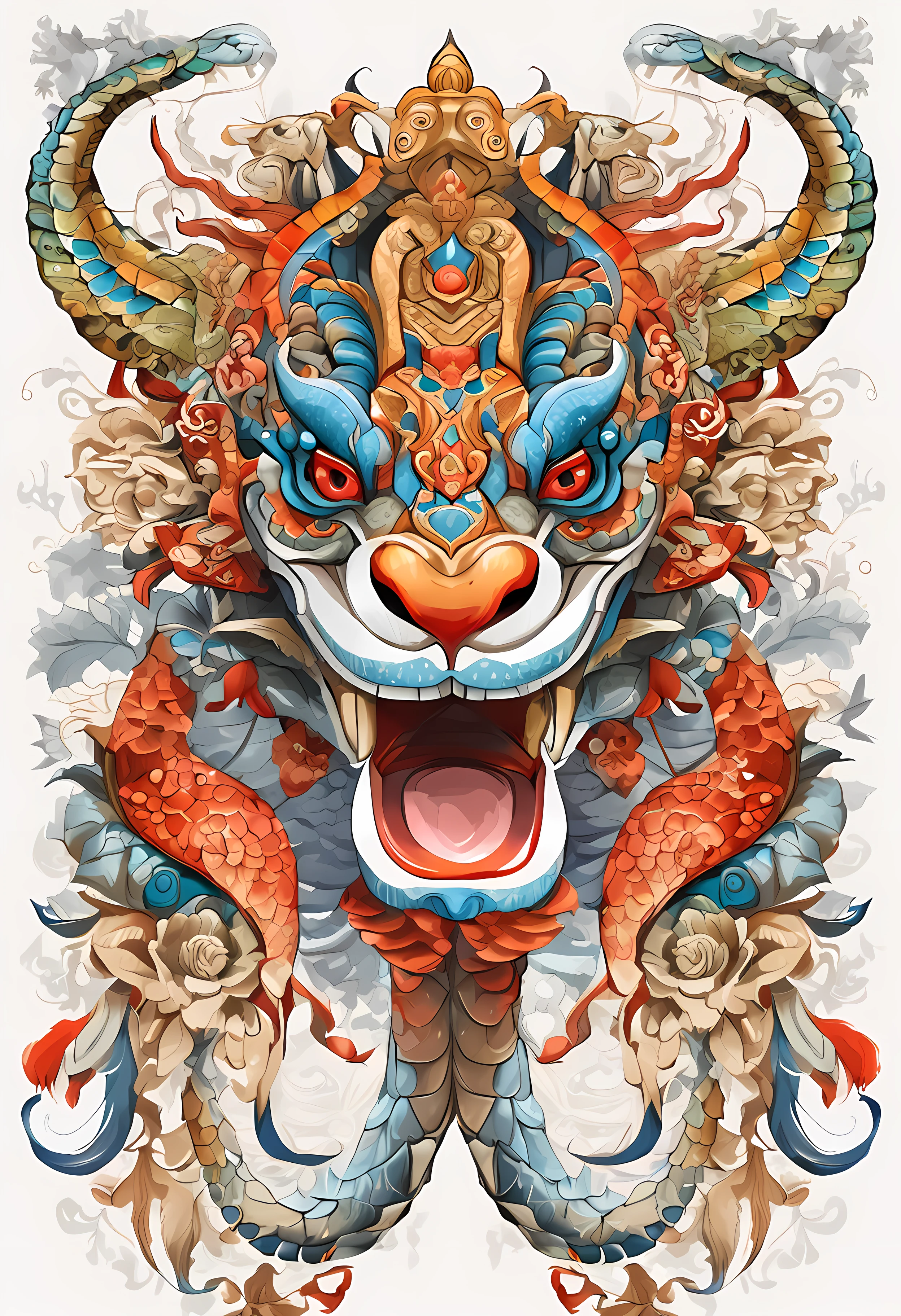 (White background:1.4),(Symmetrical:1.5),(masterpiece giant python head, In the middle, Oriental elements),(China - chic illustration:1.2, Vector painting:1.2),(Chinese colors,senior color matching),( reasonable design, Clear lines, High sharpness,best quality, Very detailed, masterpiece, official art, movie lighting effects, 4K )