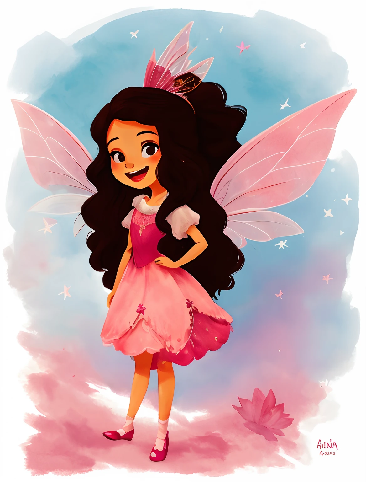 Fada dos desenhos animados cartoon com cabelo castanho longo e vestido rosa com branco, Andando corpo inteiro, full-body drawing showing feet, usando sapatilha rosa delicada,  multiples poses and expressions, com pequeno, Symmetrical fairy wings, fada bonita, sorrindo como uma rainha de fadas, menina fada morena, Retrato da princesa da fada, Retrato de uma fada, princesa fada, bela arte digital, Retrato da fada, space flower fairy, painting digital adorable, arte digital detalhada bonito fundo branco simples, fada bonita, Driving style: Marie Angel estilo desenho animado aquarelado, arte estilo aquarela 2D com fundo branco simples