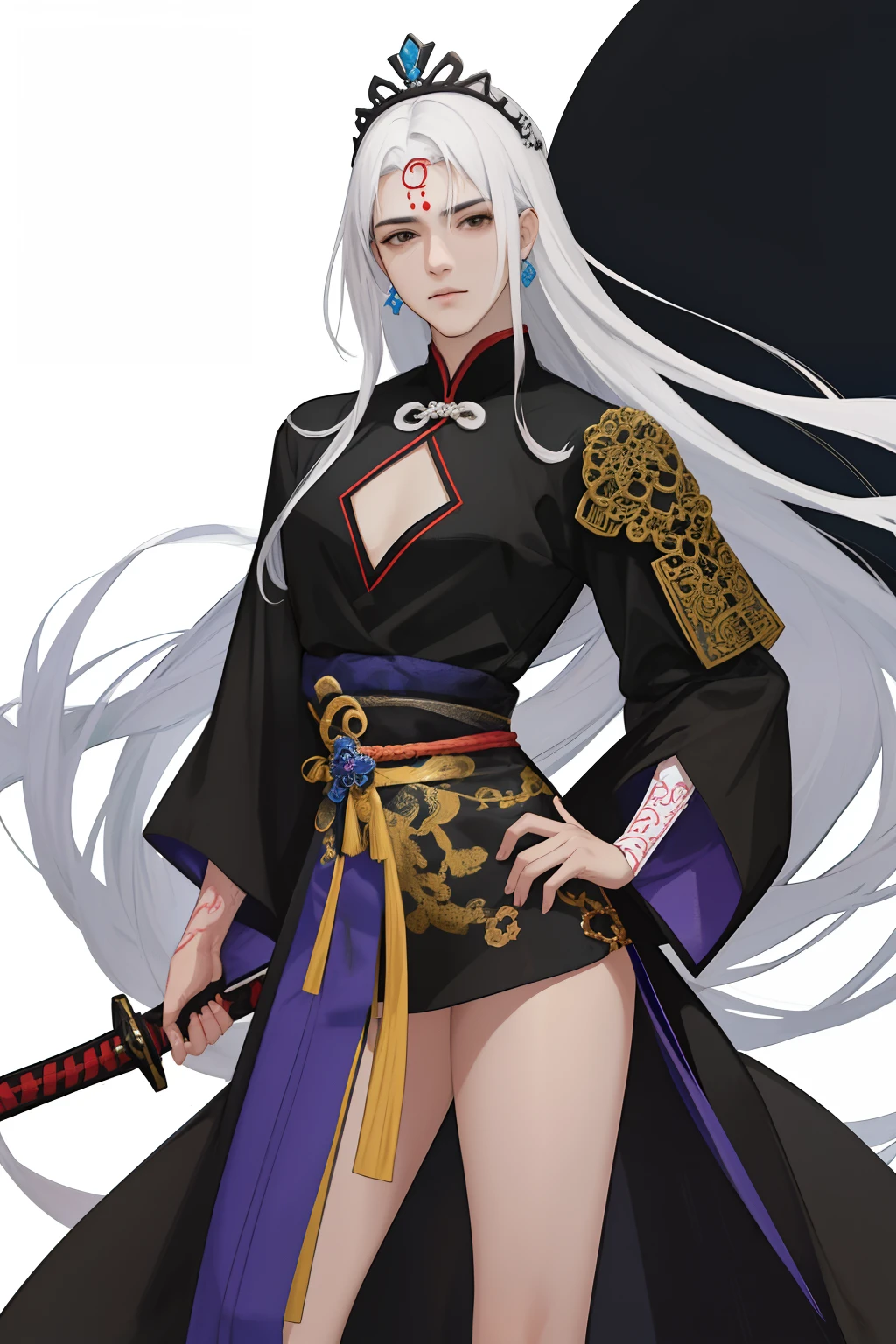 NSFW, obra-prima, melhor qualidade, ultra-detalhado, semi-realista, detailedfacialfeatures, 1Mulher,usando roupas velha wuxia chinesa,vaidosa,longos cabelos negros preso em tiara imperial e olhos negros,roupa toda branca e dourada,holding a long sword in his left hand,olhar arrogante,callous,voluptuoso,bonita e sensual,middlebreasts
