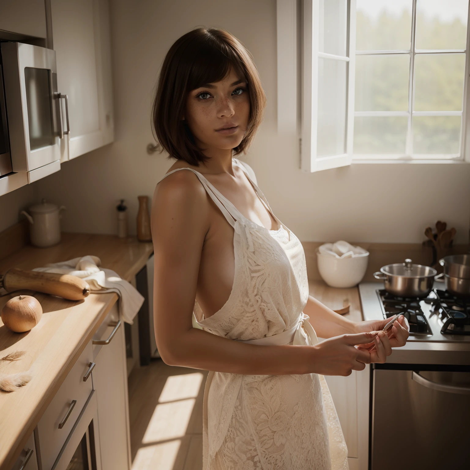 Wide Angel shot, 1 mature woman, 30 years old,(wearing apron without shirt), preparing dinner in the kitchen , half body shot,flat-chest, ((unaware of the camera)), Asian, pale skin, Bob Cut with Bangs hair style, big window, (natural light from left hand side), real human skin, ((perfect anatomy)), detailed eyes, detailed fingers, perfect skin, ((perfect eyes)) , film grain, freckles ,intricate details, intricate background, dramatic composition, shot on Fujifilm XT3, detailed skin, detailed face , freckled ,(magazine photo)