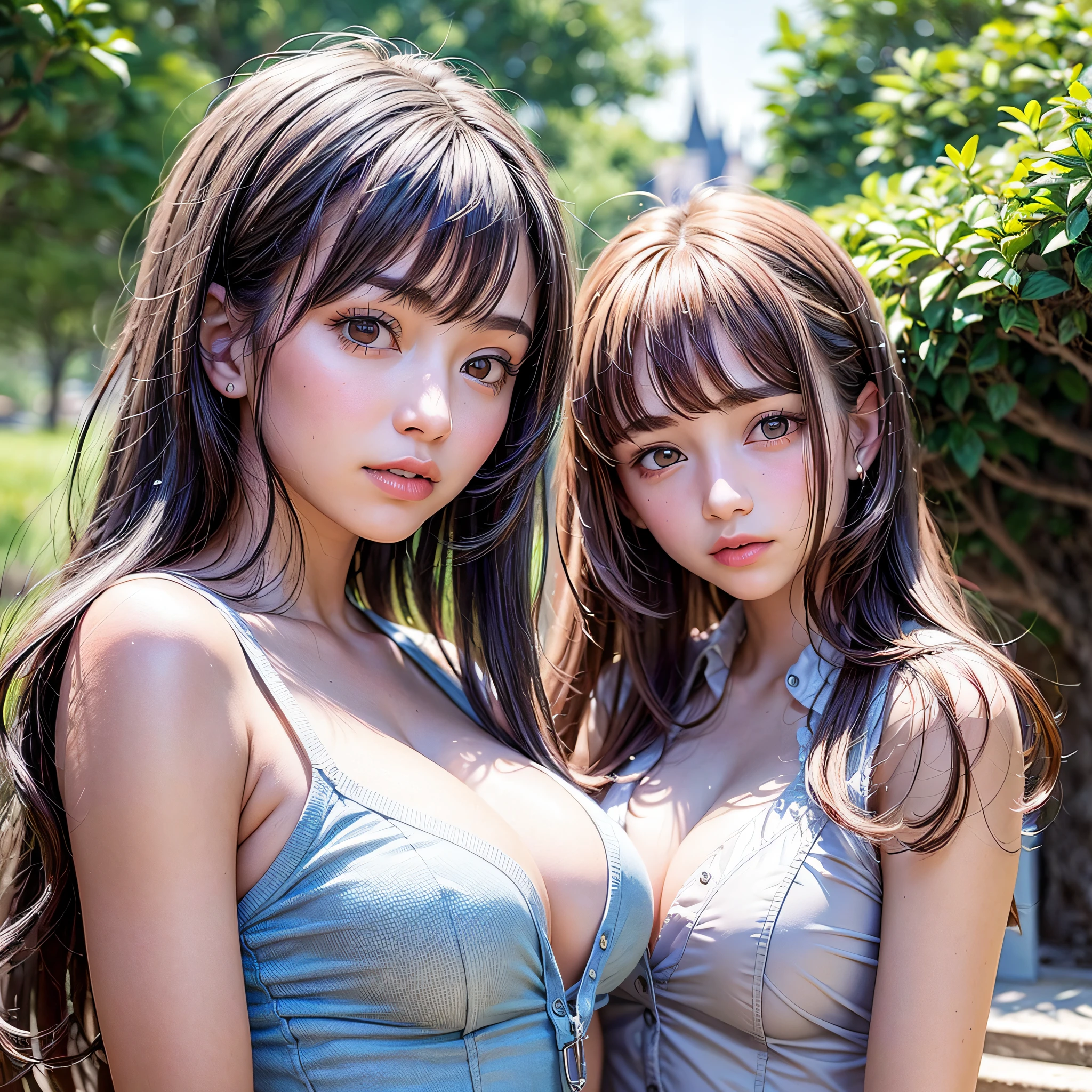 (2 young girls:1.3), Super beautiful detailed face, Staring at me, Open mouth slightly, shyly smile, Multiple girls, Raw photo, (Best Quality:1.2), masutepiece, 8K, high details, hight resolution, With the highest quality, High-definition raw color photos, professional photograpy, Cinematic Light, (Fine face:1.2), (Beautiful breasts:1.2), (Summer high school uniform with wide open chest:1.3), Beautiful breasts, girl portrait, outside of house, Castle, Cinderella's Castle, (View from below),