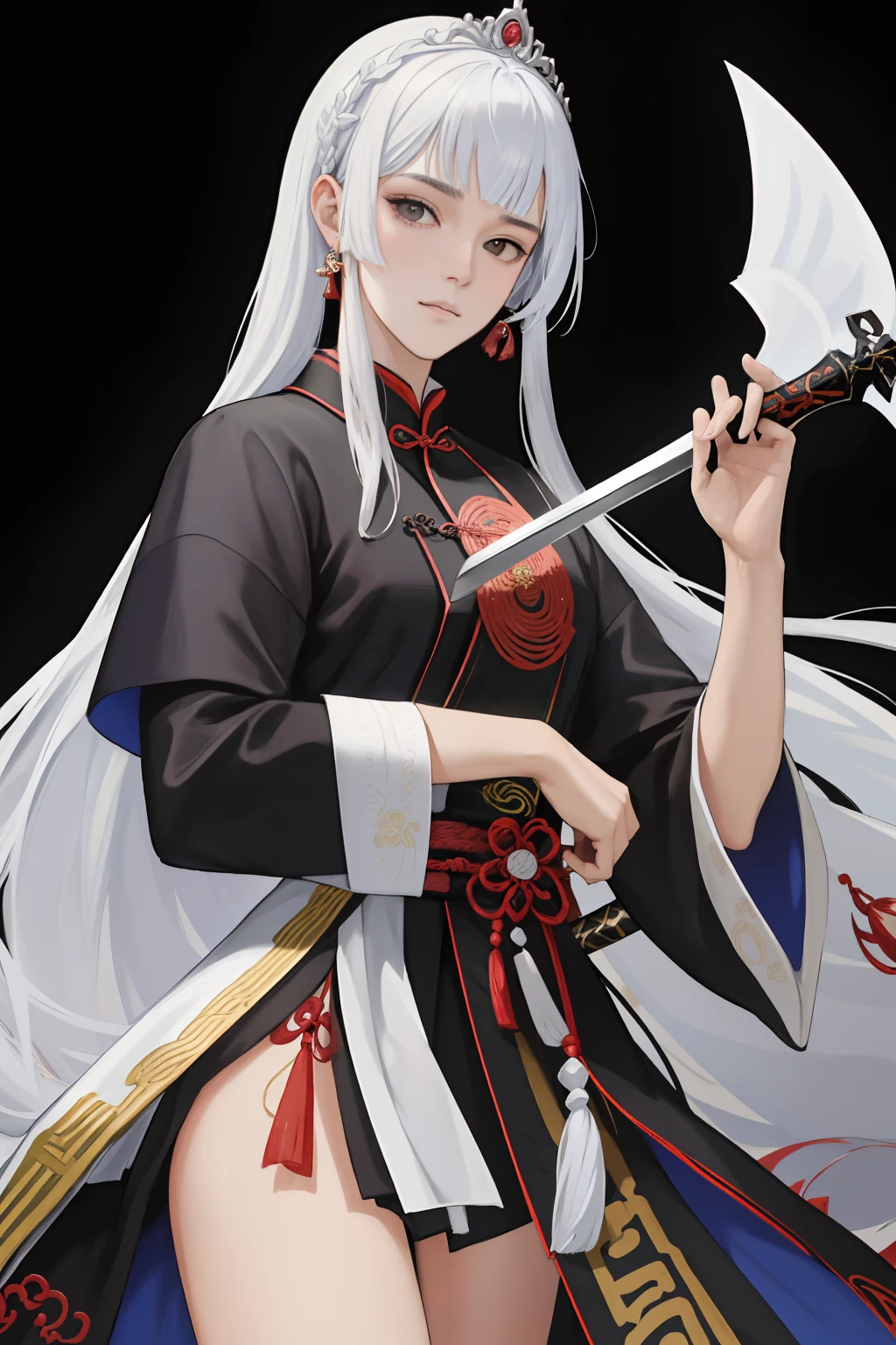 NSFW, obra-prima, melhor qualidade, ultra-detalhado, semi-realista, detailedfacialfeatures, 1Mulher,usando roupas velha wuxia chinesa,vaidosa,longos cabelos negros preso em tiara imperial e olhos negros,roupa toda branca e dourada,holding a long sword in his left hand,olhar arrogante,callous,voluptuoso,bonita e sensual,middlebreasts