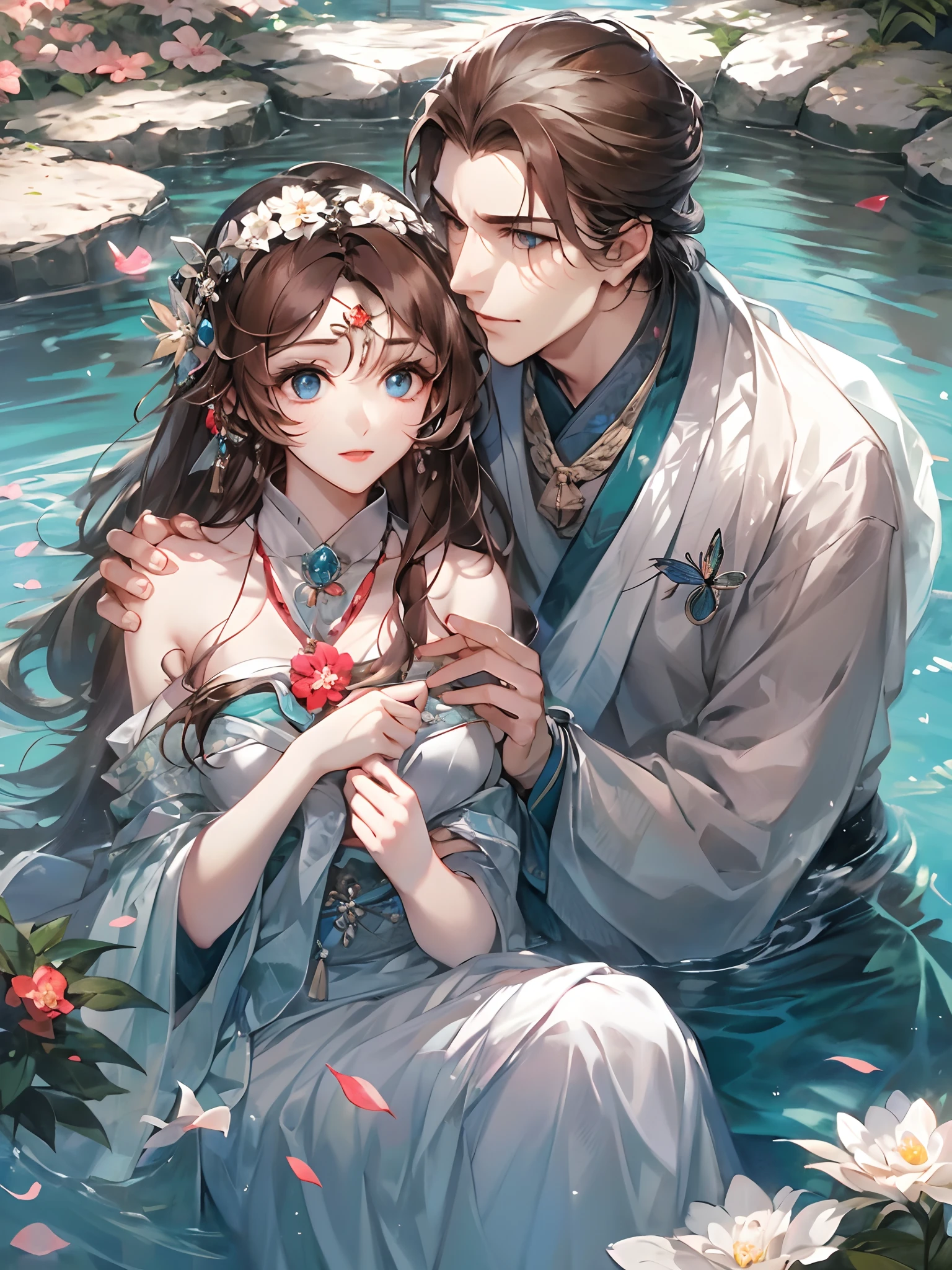 1人,1girll,two guys,One is the fairy queen, The other is the princess, They sit next to the garden pool,(The girl sits on the man's lap:1.3), Spring Garden Pool, sonoko, Butterfly, necklace, Chinese Traditional Cloth,jewelry, Noble, Dress with collar, Shiny skin, White skin, Confusion, (eye shadows), Blue eyes, Long brown hair,The girl looked up,(The girl rests her head sideways on the man's chest),park, Hug from the side,(Four hands in total,Men have two hands,The girl has two hands),The man lowers one hand and puts the girl's upper hand,Men have two legs ,The girl has two legs,Flowers, (petals), High quality, ,Sunshine, River, 8K, Exquisite,