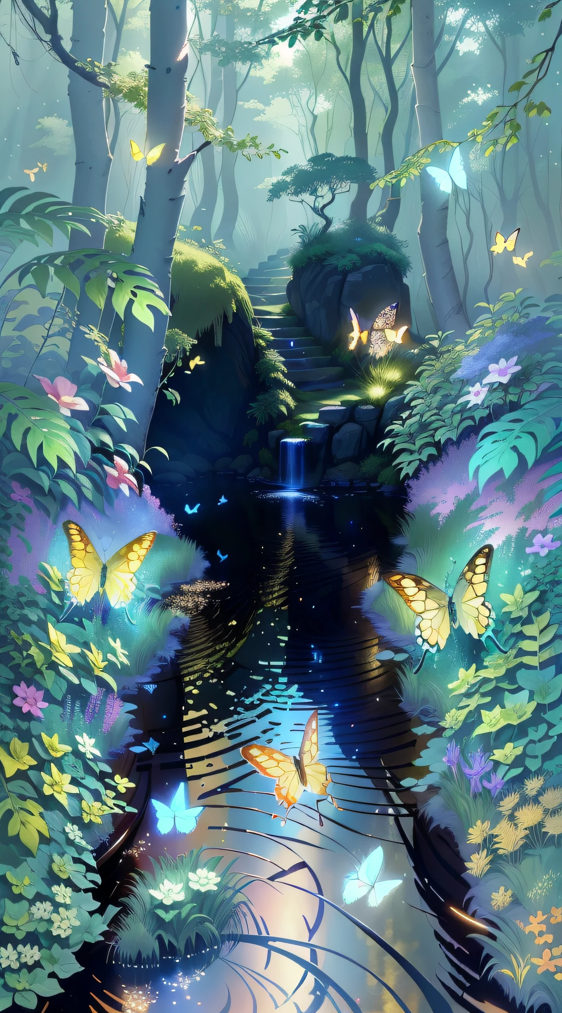 A masterpiece, the best quality, stunning reflections, the best reflections ever. (very detailed CG unity 8k wallpapers), (best quality), (best illustrations), (best shadows), forest theme with natural elements. Tall trees, quiet streams, small glowing mushrooms surrounded by delicate leaves and branches, with fireflies and glowing particle effects,, (natural elements), (jungle theme), (leaves), (twigs), (fireflies), butterflies, (delicate leaves), (glow), (particle effects). , Isometric 3D, Octane Rendering, Ray Traced, Super Detailed