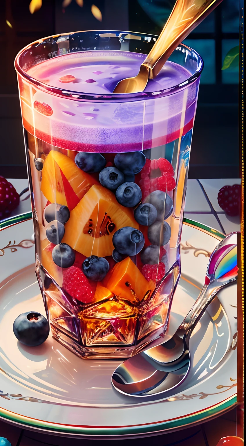 Healthy breakfast. Faceted glass, crystal, Mother-of-pearl sparkles, Multi-colored highlights, Different light to play, Cereal and berry yogurt, Cocktail World, scenery, landscape, street, depth of fields , ((Blurred background)), Masterpiece, Best quality, Ultra detail, (((Multi-layer jelly))) glass, stained glass window, Multi-colored spark glare, tmasterpiece, Top quality, experience, gracefulness, Bohemian fashion, a gold, utensil, kettle, A cup, plate, crystals, With floral print,1 cup milk yogurt) 1 teaspoon of your choice of vanilla extract, Chopped fresh fruits (For example, morango, kiwi, mangoes, Blackberries, raspberry, cherry, Carrom, blueberries, etc.) Marengo,