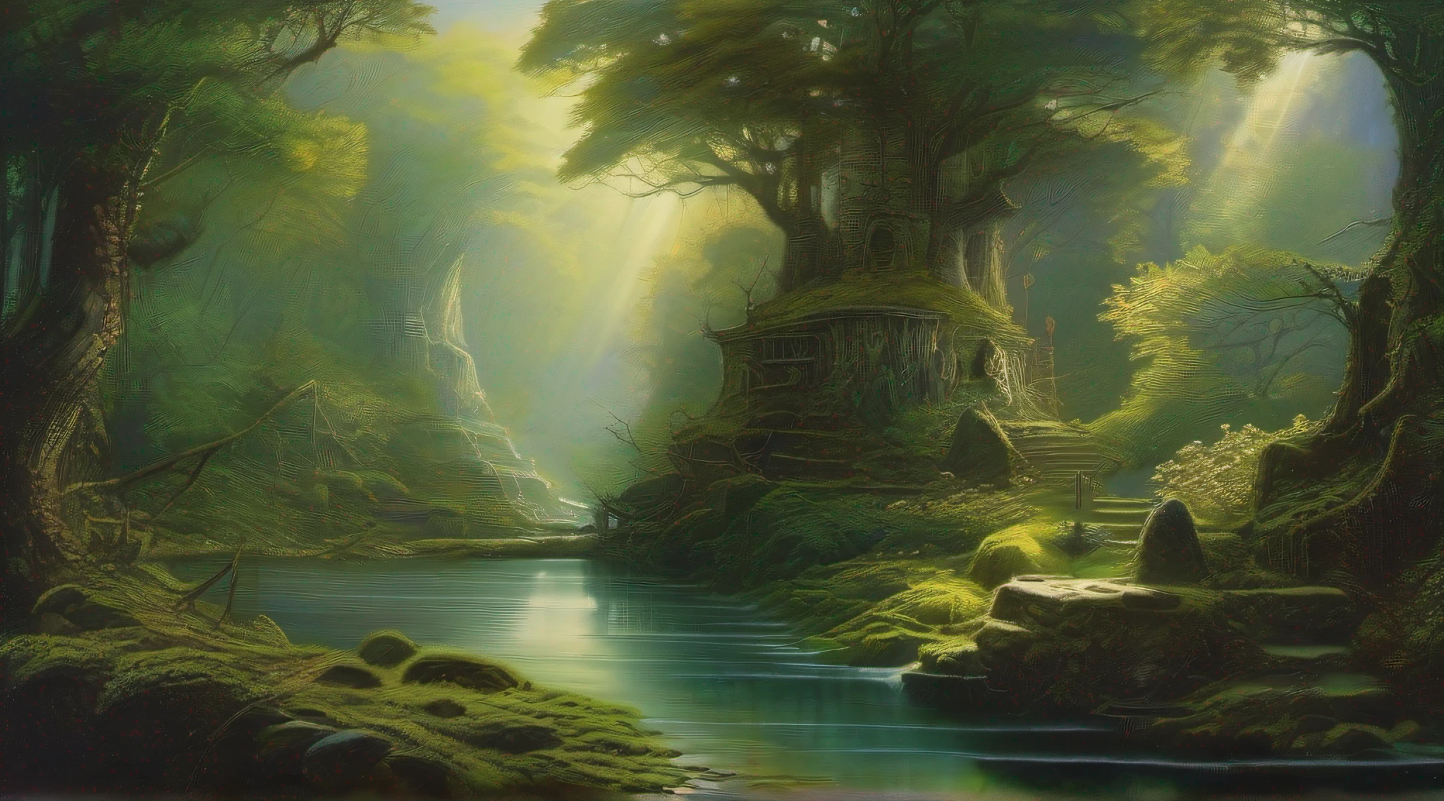Mystical Forest Retreat, an ethereal forest sanctuary that beckons the soul. aesthetically appealing, John Blanche
