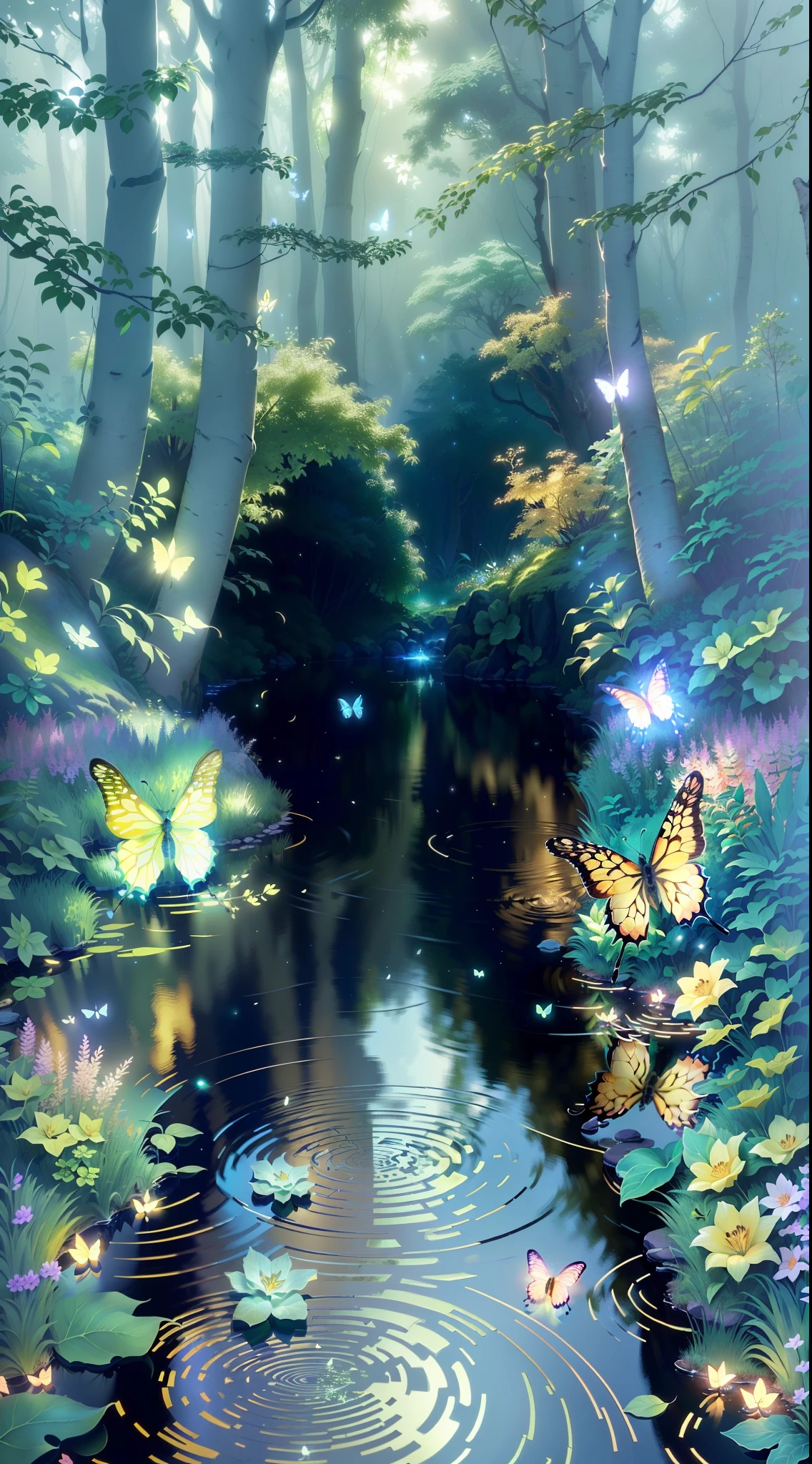 A masterpiece, the best quality, stunning reflections, the best reflections ever. (very detailed CG unity 8k wallpapers), (best quality), (best illustrations), (best shadows), forest theme with natural elements. Tall trees, quiet streams, small glowing mushrooms surrounded by delicate leaves and branches, with fireflies and glowing particle effects,, (natural elements), (jungle theme), (leaves), (twigs), (fireflies), butterflies, (delicate leaves), (glow), (particle effects). , Isometric 3D, Octane Rendering, Ray Traced, Super Detailed