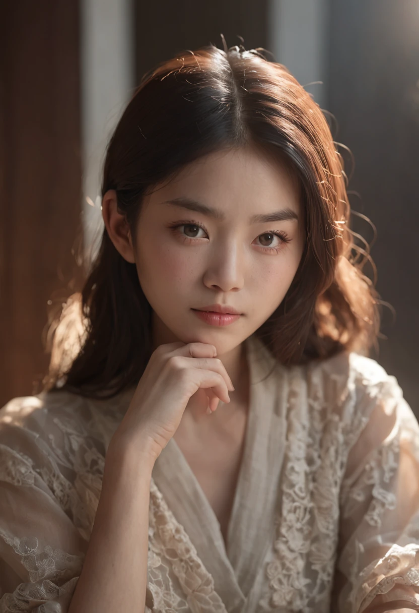 A Japanese Woman, 20 years old, 3D, 8K, octane render, a constructed photography, morning, sunkissed, in the style of chiaroscuro, portraiture with emotion, light-focused, high detail
