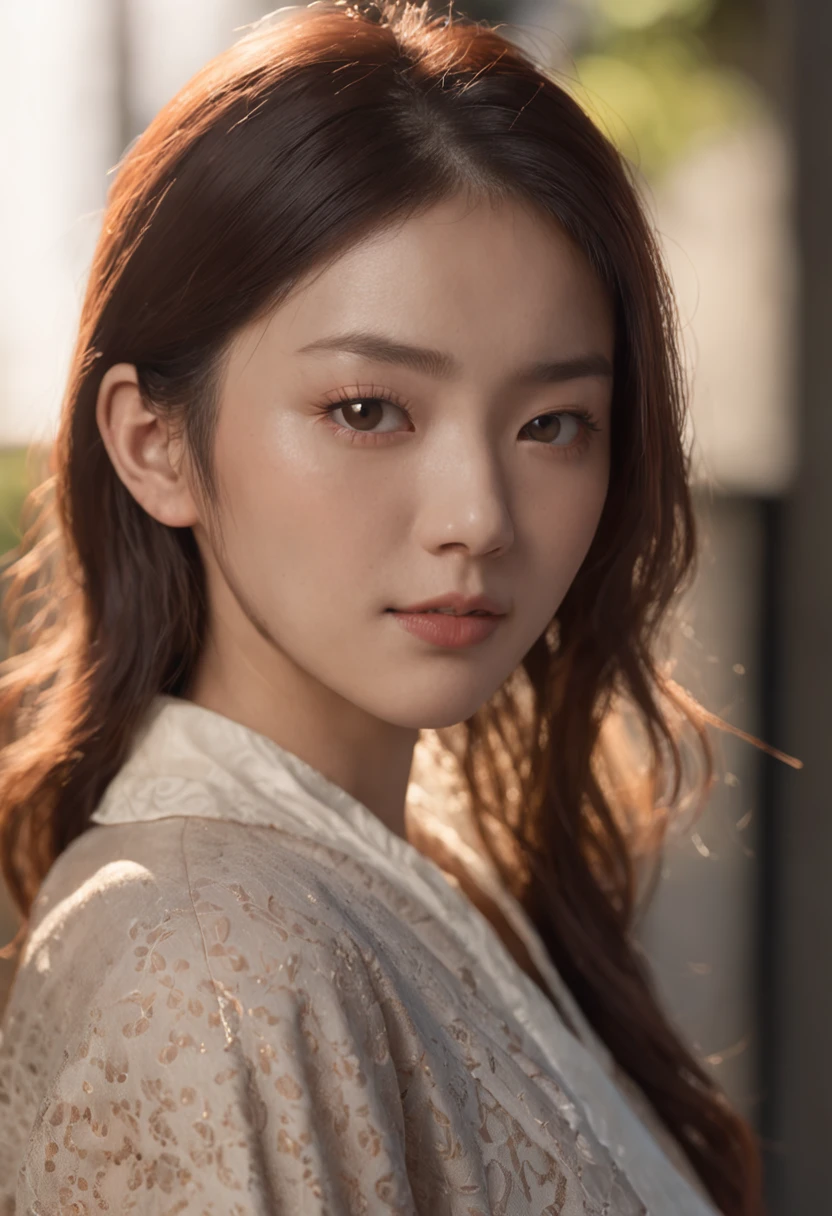 A Japanese Woman, 20 years old, 3D, 8K, octane render, a constructed photography, morning, sunkissed, in the style of chiaroscuro, portraiture with emotion, light-focused, high detail