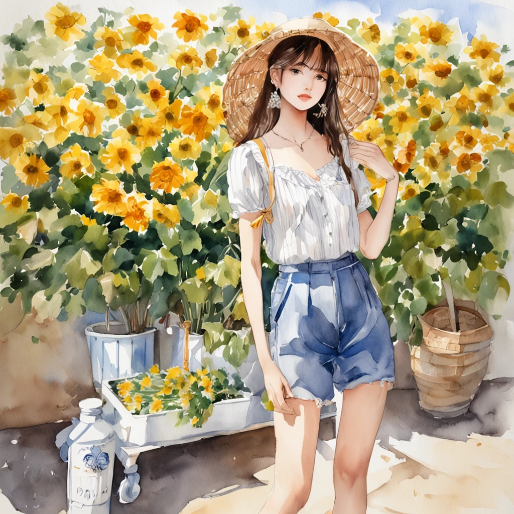 (masutepiece, Best Quality,absurderes, Ultra HD, sharp) , exceptional, Best aesthetic,
sole_Female, 22year old, Solo, (blue linen check dress for zara summer), (White bag), (espadrilles), red sun glasses, 耳环, flower, Sunflower, (Full body shot), fronds, Bangs, signature, yellow flower, Brown hair, Long hair, Green eyes, Detailed eyes, hair between eye, Flower earrings, sun shine