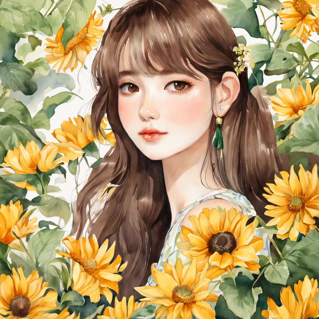 (masutepiece, Best Quality,absurderes, Ultra HD, sharp) , exceptional, Best aesthetic,
sole_Female, 22year old, Solo, (blue linen check dress for zara summer), (White bag), (espadrilles), red sun glasses, 耳环, flower, Sunflower, (Full body shot), fronds, Bangs, signature, yellow flower, Brown hair, Long hair, Green eyes, Detailed eyes, hair between eye, Flower earrings, sun shine