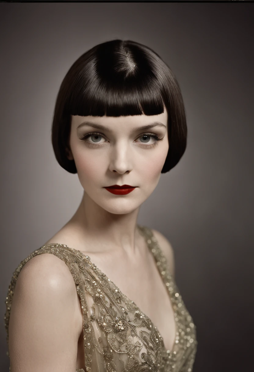 Fashion photograph of ((silent film actress Louise Brooks)), masterful composition, creative shadow play, perfectly realistic facial features, detailed skin, brunette Bob hairstyle, long flowing gown, single light source, hard focus, shot on Autochrome Lumière, in the style of (Edward Steichen:1.4)