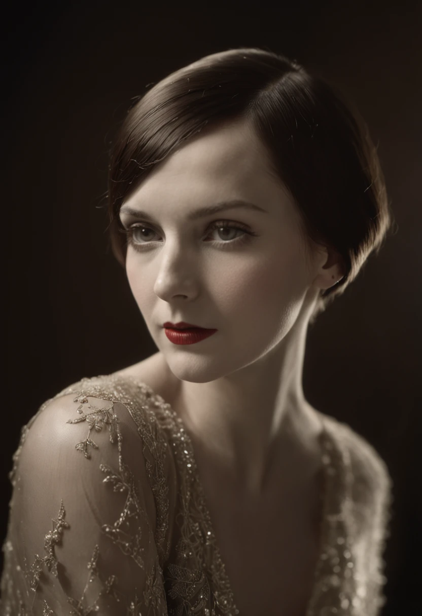 Fashion photograph of ((silent film actress Louise Brooks)), masterful composition, creative shadow play, perfectly realistic facial features, detailed skin, brunette Bob hairstyle, long flowing gown, single light source, hard focus, shot on Autochrome Lumière, in the style of (Edward Steichen:1.4)
