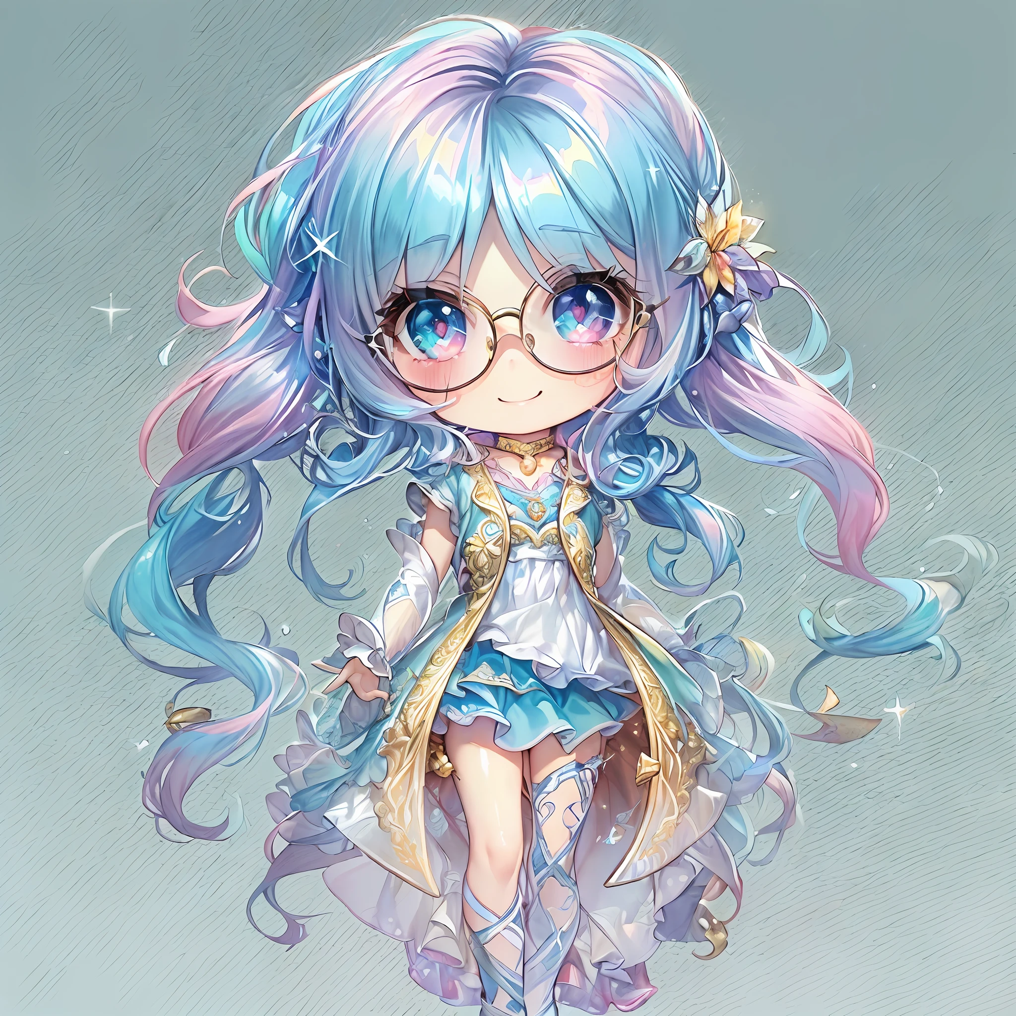 (Chibi:1.5)((masutepiece, of the highest quality, Watercolor art (Pendants), Beautiful and aesthetic: 1.2)), (Golden ratio: 1.2), (Full body: 1.2), (Super Detail: 1.3), (1 girl in: 1.3), (Fractal Art: 1.3), (Glitter Pupil)),(eye glass:1.5) ,(Iridescent hair, Colorful hair, Half light blue and half pink hair: 1.2)),  (Heterochromia), (Colorful: 1.5), (((Shy face)),  (full body Esbian), (Hyper-detailing), ((delicate detail)), (intricate-detail), ((Cinematic Light, Highest quality backlight)), High contrast, ((The best lighting, Very delicate and beautiful)), (( Cinematic Light)), (ray trace reflection, Glow), (((glowing aura)), ((Glowing hair)), ((Super Detail)), (8K)), ((a closeup)),  ((Seductive smile)) ,((FULL BODYSHOT))、(Chibi:1.5)