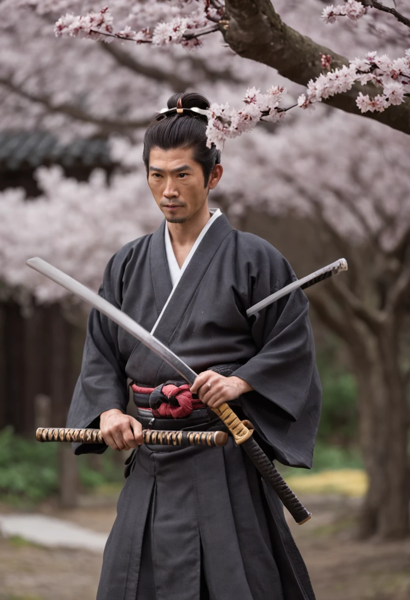 foto completa，A Japanese sword master from the Sengoku period holding a katana stands in a beautiful pose among the cherry blossoms，Antecedentes detalhados e complexos, cintilante, luz reflexiva, Ultra High Definition, Premiado, A high resolution, textura de alto detalhe, Contraste entre claro e escuro, Cinematic lighting, Obras, ray tracing, estruturalmente correto, super detalhes, alta qualidade, High detail, best quality, 16k