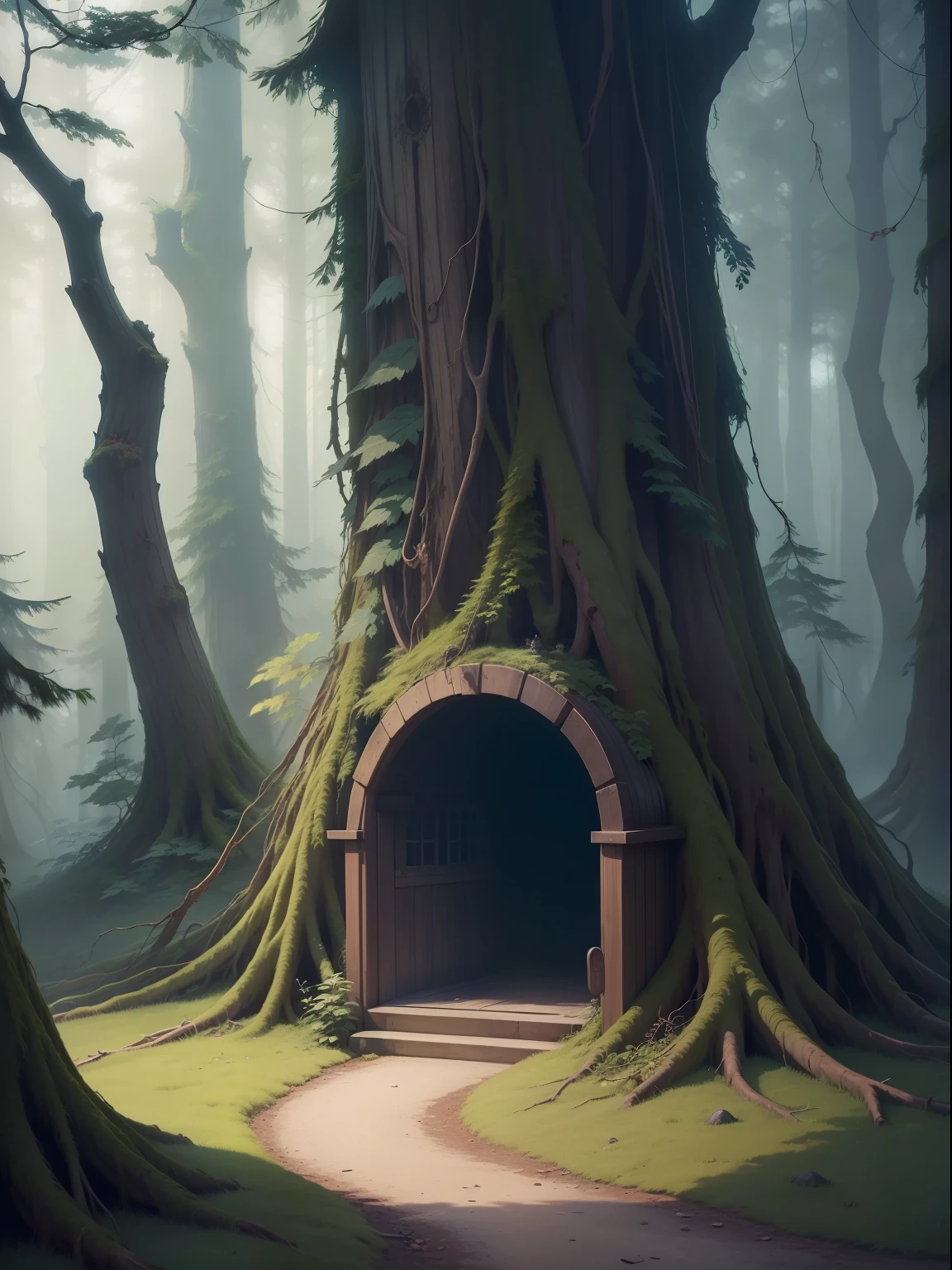 Realistic and beautiful mysterious forest images、Confined space、"They say it's a pipe for sweets.、Atmosphere like Studio Ghibli and Hayao Miyazaki works、Generates images that will captivate you with lots of sweets。