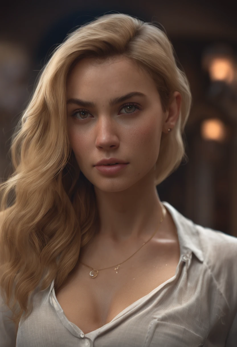 professional, (4k photo:1.1) by (Jeremy Lipking:0.3), (Dittmann Anna:0.3), (Arian Mark:0.3), (Sharp focus:1.3), high detail, wearing (tight shirt:1.2), beautiful detailed face, hazel eyes, short blonde hair, (attractive young woman:1.3), (seductive:1.1), (blushing:1.1), hourglass body shape, natural breasts, wide hips