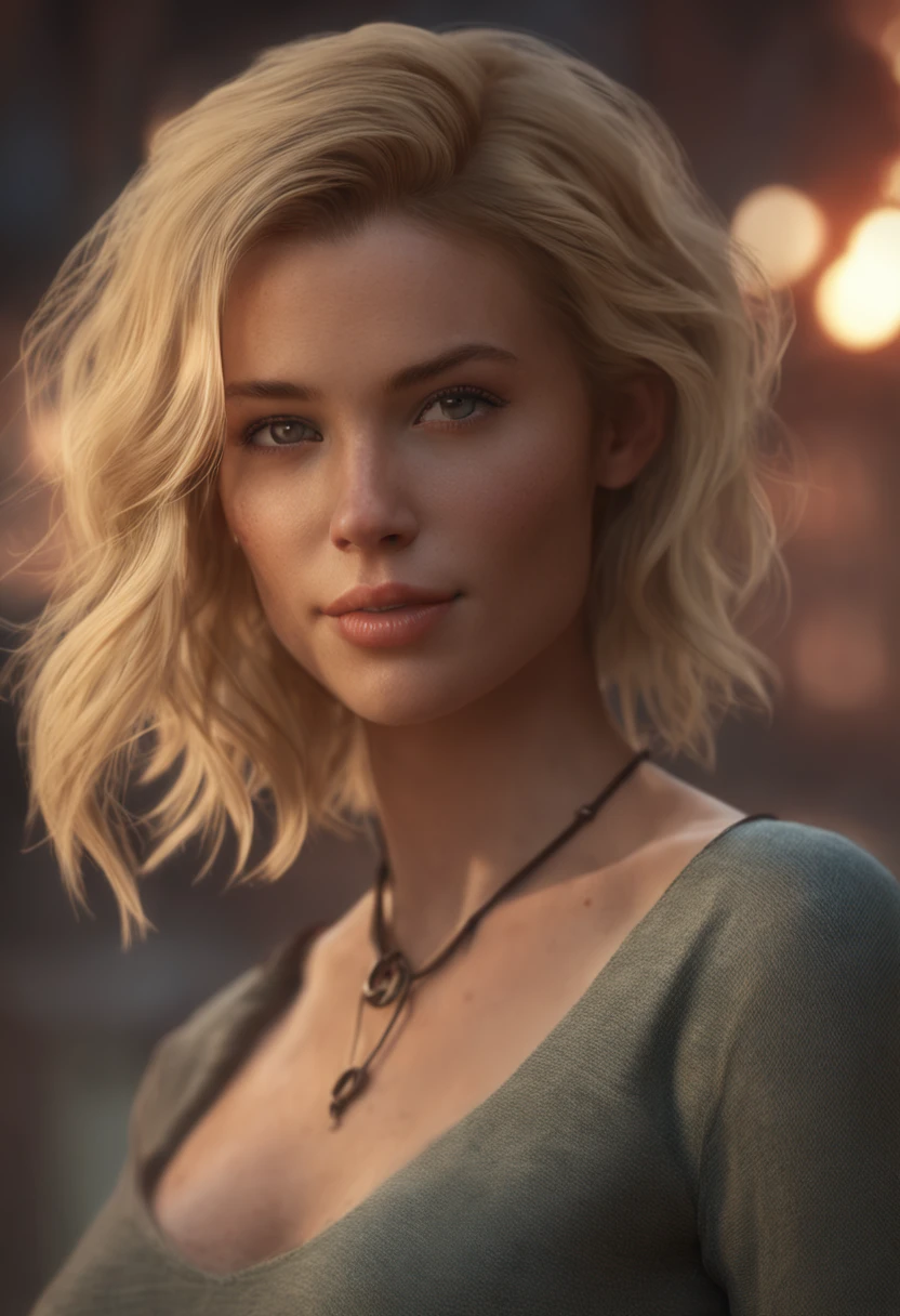 professional, (4k photo:1.1) by (Jeremy Lipking:0.3), (Dittmann Anna:0.3), (Arian Mark:0.3), (Sharp focus:1.3), high detail, wearing (tight shirt:1.2), beautiful detailed face, hazel eyes, short blonde hair, (attractive young woman:1.3), (seductive:1.1), (blushing:1.1), hourglass body shape, natural breasts, wide hips