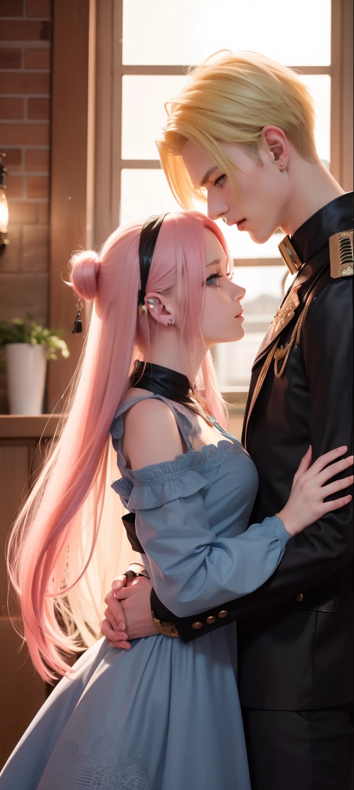 Girl with long pink hair kissing girl with long blue hair