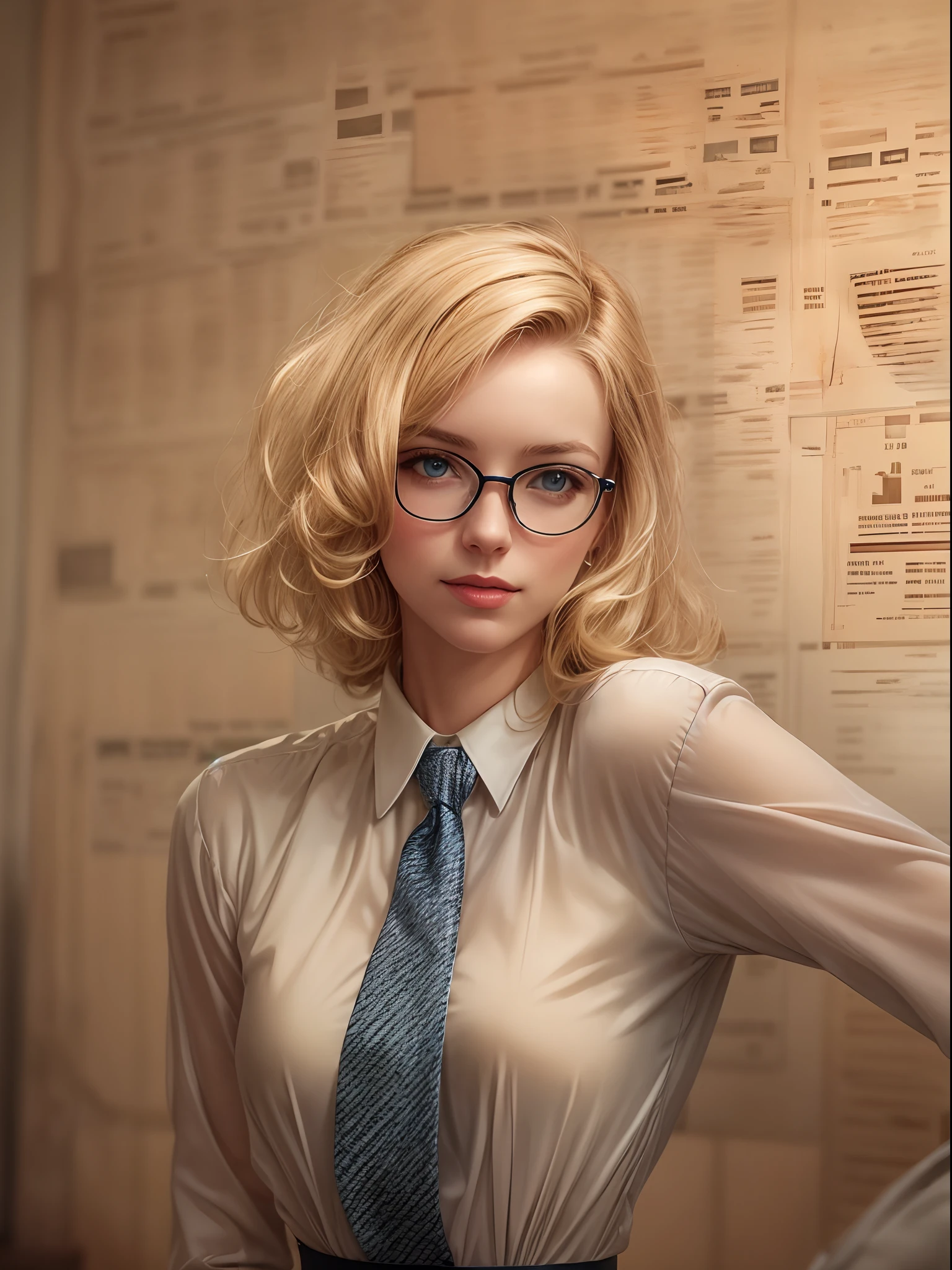 a beautiful young blondie woman [Marilynn Monroe:Maude Adams:0.15] exuding an air of confidence and intellect in a sleek modern office space beside a complex financial chart on the wall, you can feelher analytical mind at work, straight in the camera gaze, slightly smiling, full body, top model measurements, modest office dresscode, wearing glasses, cute face, still very professional, by Alejandro Burdisio