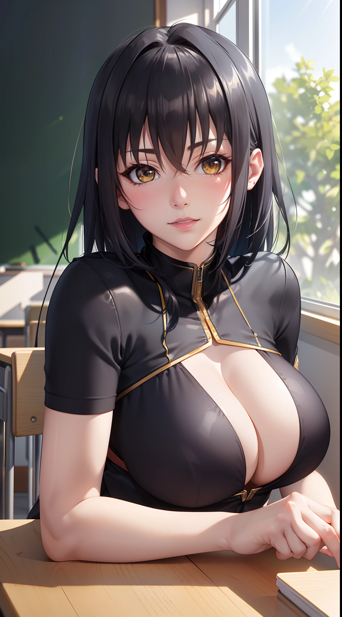 professional artwork, Intricate Details, field of view, sharp focus, detailed painting, photorealistic lighting, trending on pixiv,(masterpiece:1.0),(best_quality:1.0), ultra high res, ultra-detailed, photography, 8K, HDR, highres, absurdres:1.2, Kodak portra 400, film grain, sharp focus, bokeh:1.2, lens flare, (vibrant_color:1.2), (((indoors, classroom, classroom details, sitting on chair, perfect anatomy sitting, leaning to table))),
female mature, black hair, long hair, yellow eyes, large breasts, japanese student, student outfit, formal, hair intakes, 35yo,mature female,Beautiful Finger,Beautiful long legs,Beautiful body,Beautiful Nose,Beautiful character design, perfect eyes, perfect face, looking at viewer, official art,extremely detailed CG unity 8k wallpaper, (Beautiful,large_Breasts:1.4), (beautiful_face:1.5),(narrow_waist), (solo:1.4), (upper body, half body shot),