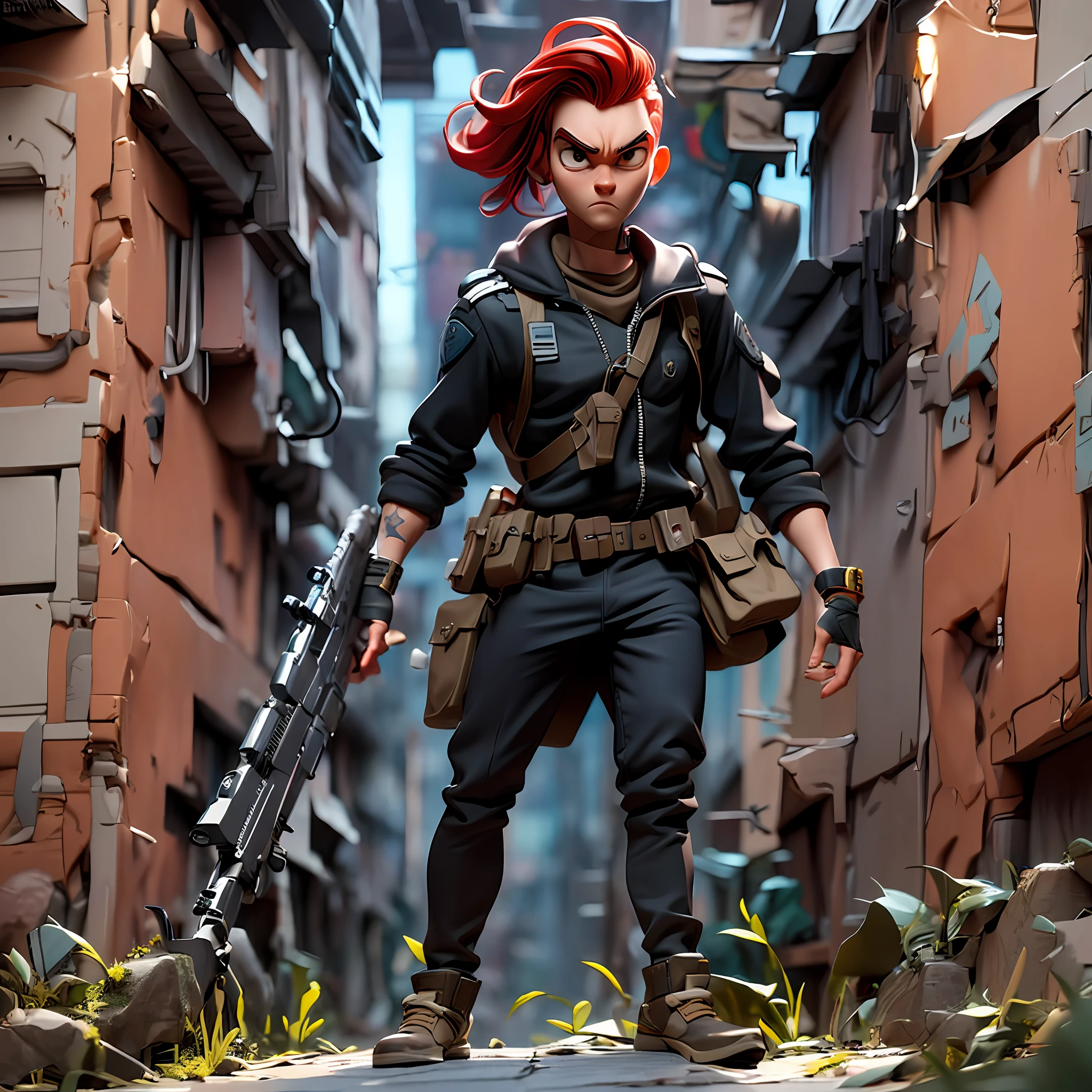 30-years old、Standing alone、(Male intelligence officer)、((Cyberpunk black clothes))、short-cut、ninjartist、(Veteran Hero)、Counter Attack、full body Esbian、Ready for Battle、(sniper)、red hairs