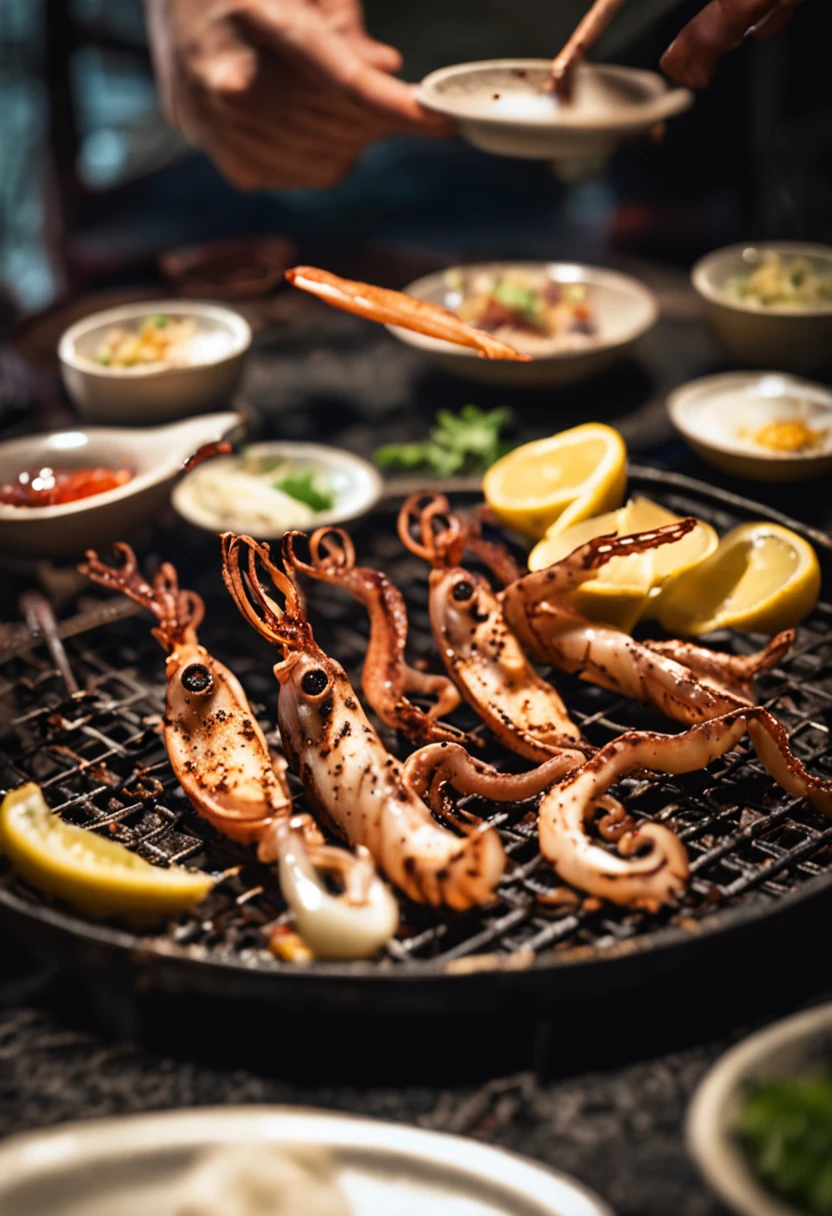 Grilled squid on an iron plate，火焰，irascible