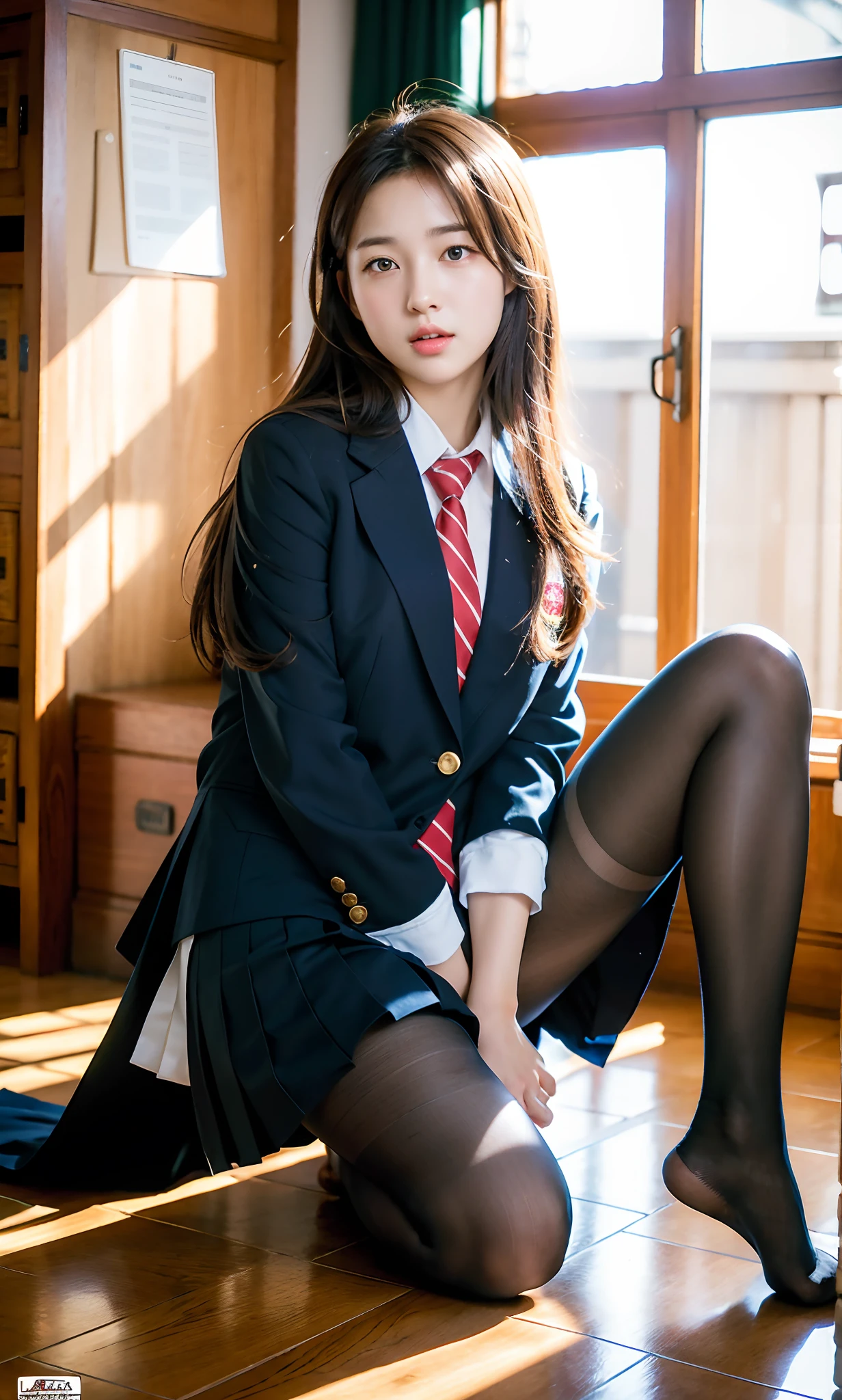ulzzang-6500-v1.1, (raw photo:1.2), (photorealistic:1.4), beautiful detailed girl, very detailed eyes and face, beautiful detailed eyes, ridiculous, incredibly ridiculous, huge file size, super detailed, high resolution, very detailed, best quality, masterpiece, kemomimi, ((Japanese girls' high school uniform)), illustration, very detailed, CG, unified, 8k wallpaper, amazing, Fine details, masterpiece, best quality, very detailed CG uniform 8k wallpaper, light on face, cinematic lighting, 1girl, , ((no panties)), ((dynamic pose))), (camel toe), (half), (pantyhose), (knee-bending leg sitting))