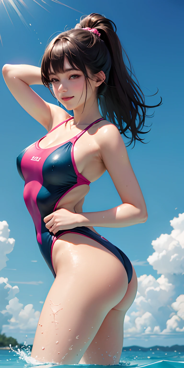 realisticlying、 girl in competition swimsuit、Breasts slightly larger、posterior view、Buttock emphasis、Smile、swimming pools、Sexy Posing、Keep your chest close