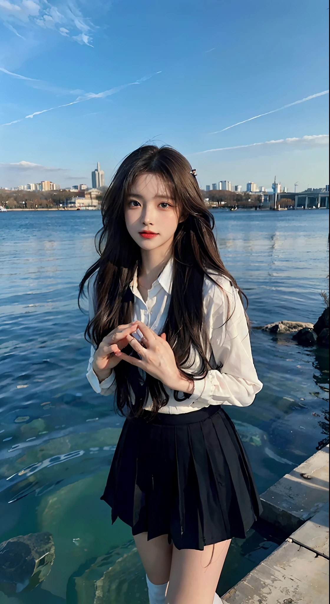 {Masterpiece},{Best quality},{1girll,{{},Brown hair,Blue eyes,Very long hair,hair flower,school uniform,Mini skirt,cheerfulness}},Amazing,Beautiful detailed eyes,finedetail,Depth of field,Extremely detailed CG,Original,Outdoors,Beautiful and delicate hands,Beautiful detailed fingers,soaking wet,{Knees under water},standing,{beautiful detailed water,Beautiful detailed sky,fluttered detailed splashs},author:Paul Hedley,Colorful,hdr,{{colorful refraction}},{{Cinematic lighting}},{{Black fast-seam stockings}}。