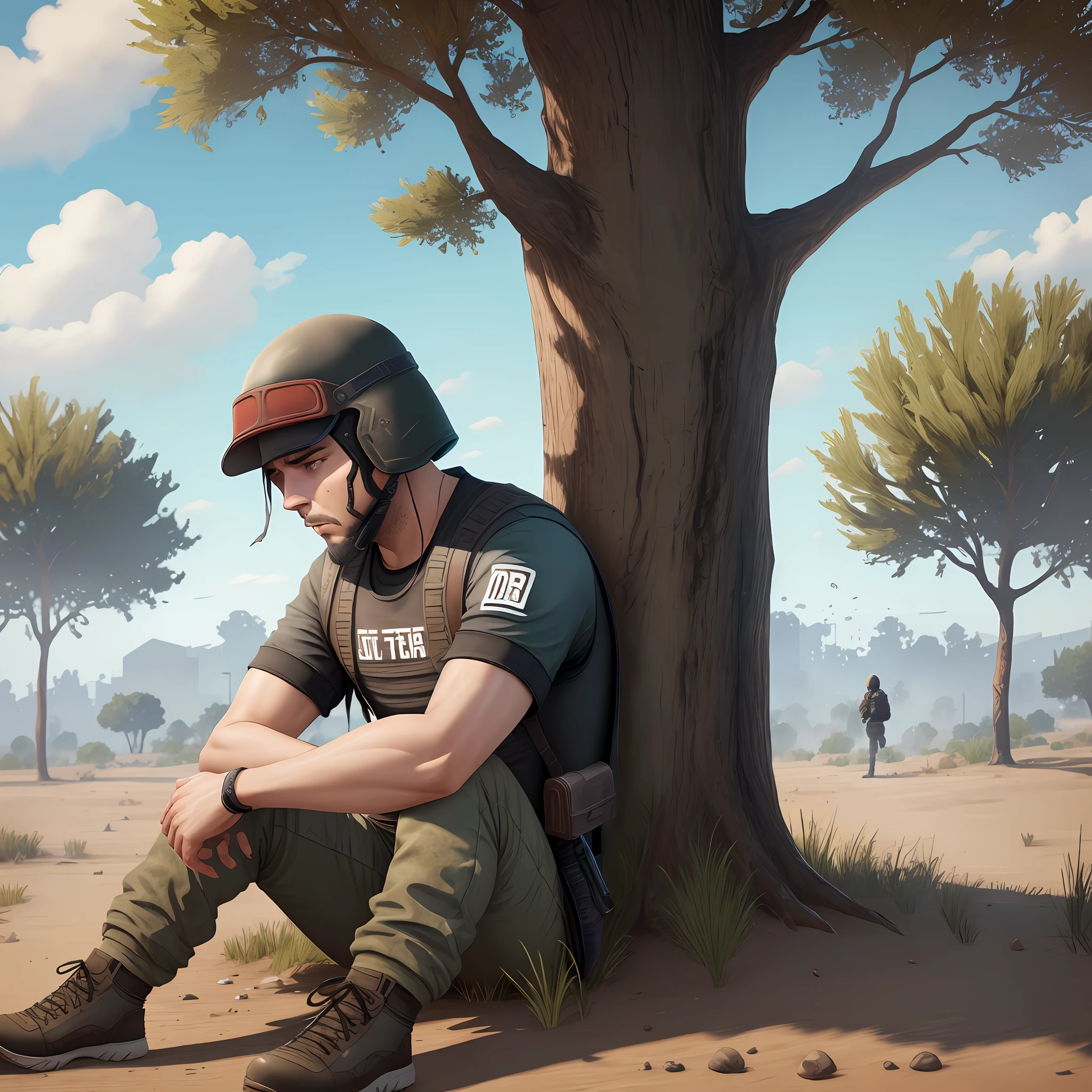 Sad man
Under a tree
Playing pubg