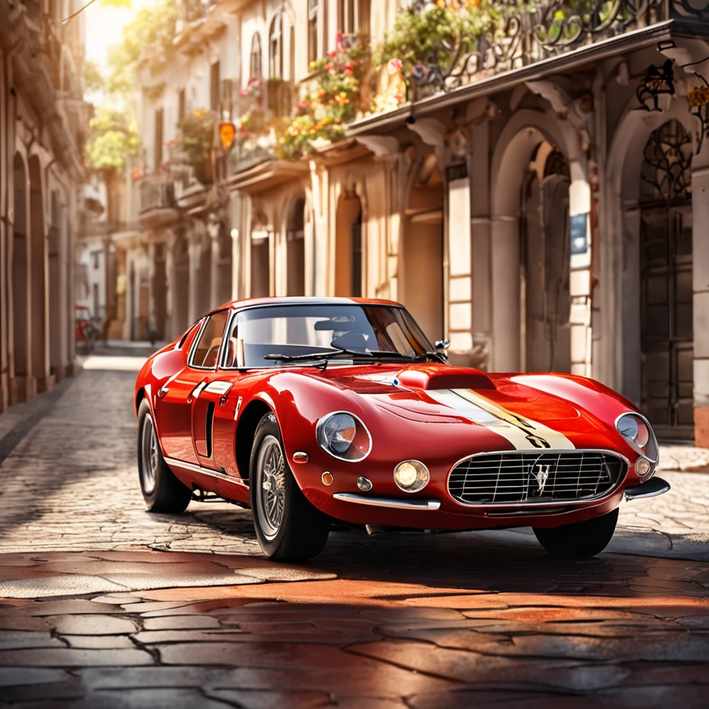 (Professional 3D rendering) de (Realista:1.3) cinematic framing, apresentando umaferrari 280 gto carro esportivo vermelho estacionado em uma rua molhada na chuva, carro esportivo vermelho anos 80, ray tracing, hyper detalhado, Arte Deco, Super dynamic lighting heavy shadows, reflection of light,( Vibrando, fotografia realista, Dramatic, Crisp dark, 8k) (intrincado:1.4), decadente, (altamente detalhado:1.4), Pintura digital, Forza realistic 3D rendering, conceito-arte, liso, foco nítido, (fotografia anos 80)