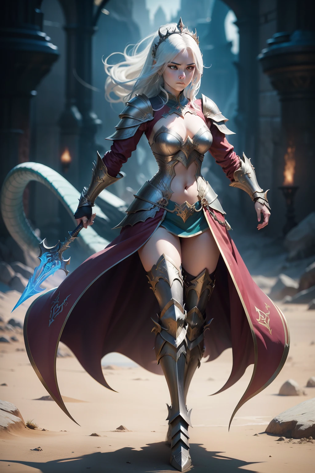 dragolich female character two swords fantasy armor full body fighter queen dragon tamer fantasy action background pose more serious armor real face full body armor