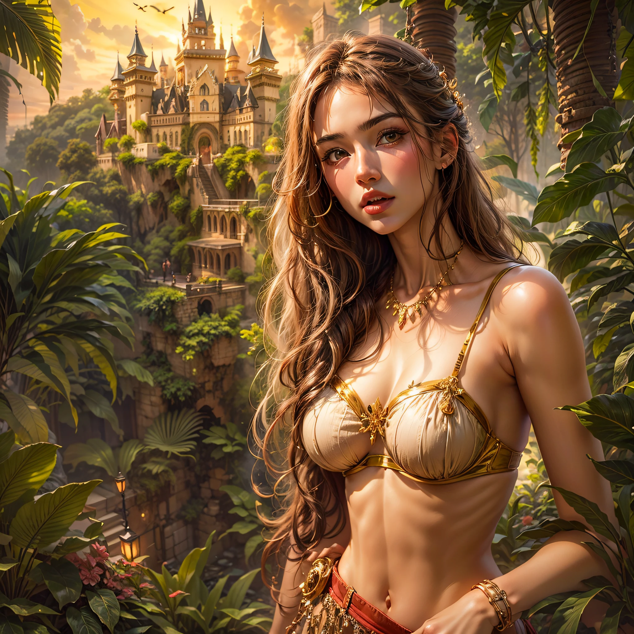 1 beautiful girl, Super beautiful detailed face, (Beautiful breasts:1.3), (Slender body:1.2), Beautiful Goddess Advent, pubick hair, cameltoe details, Beautiful background, Golden ratio, conceptual art, Super Detail, ccurate, high details, Anatomically correct, Outdoors, Beautiful jungle, (Giant Castle:1.3), cutting edge, Sexy Art, Open your legs, Surrounded by beautiful sunsets, dazzling lights, Super delicate illustration details,